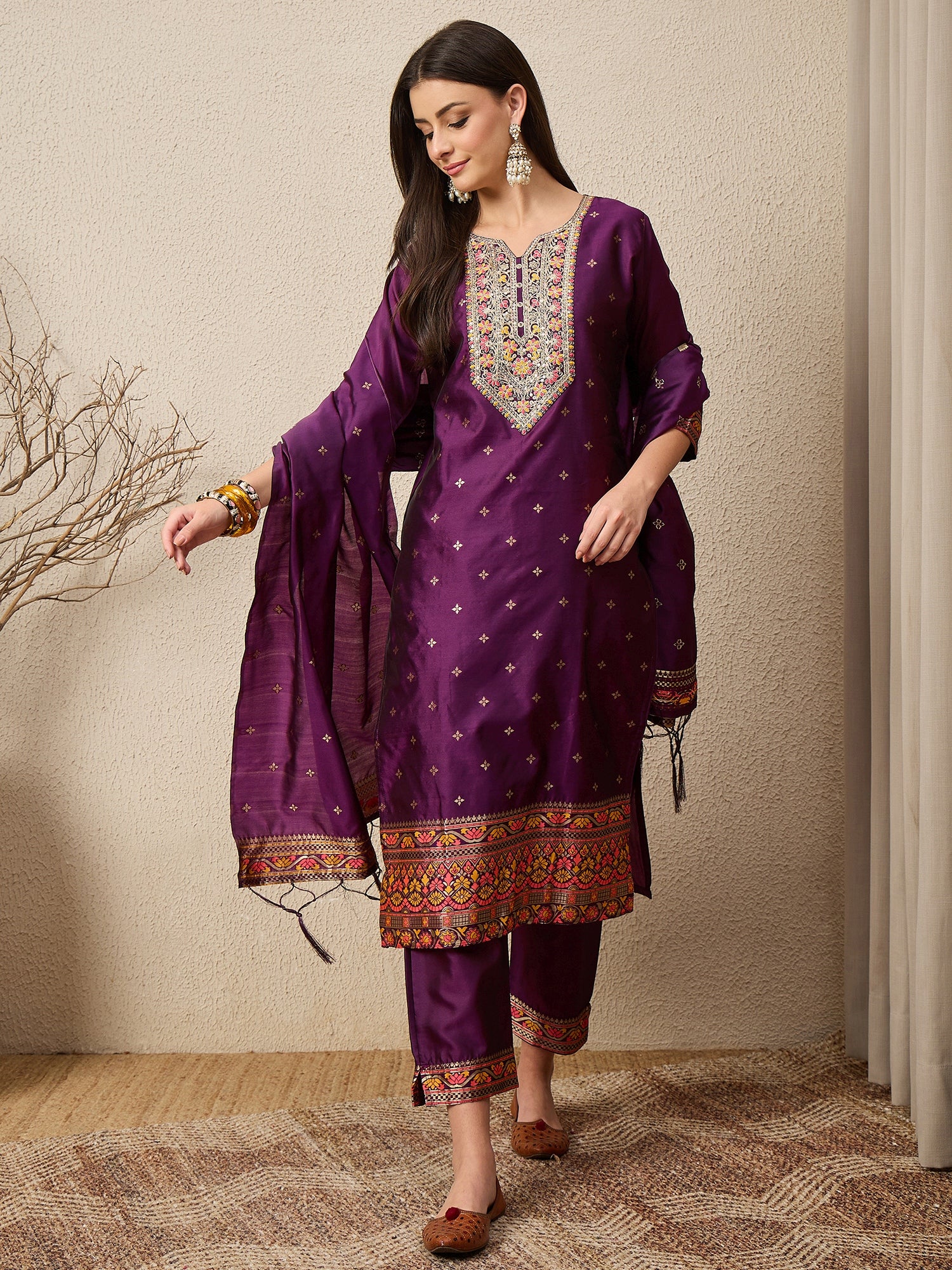 Kahani Women Purple Yoke Design Silk Blend Straight Suit With Dupatta