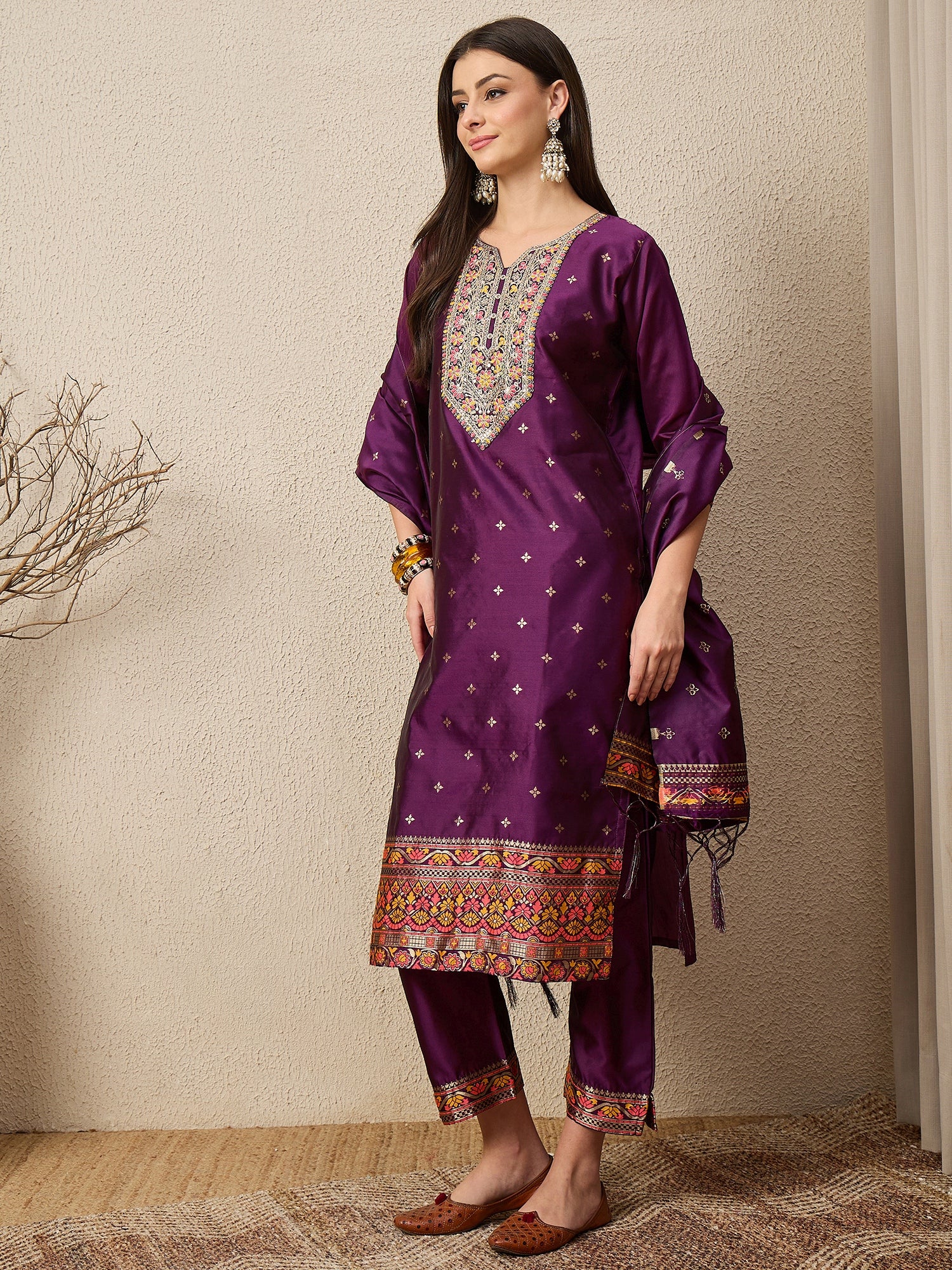 Kahani Women Purple Yoke Design Silk Blend Straight Suit With Dupatta