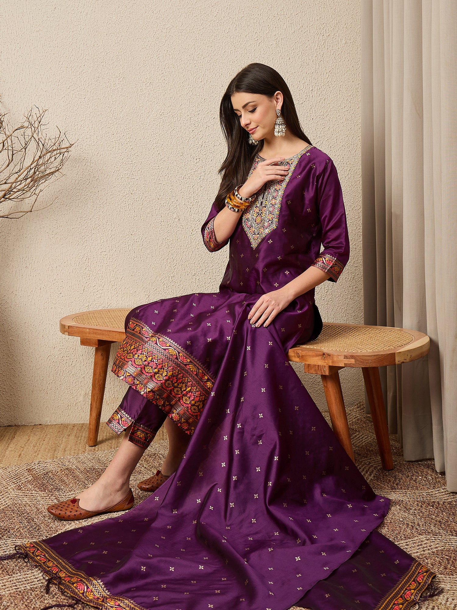 Kahani Women Purple Yoke Design Silk Blend Straight Suit With Dupatta