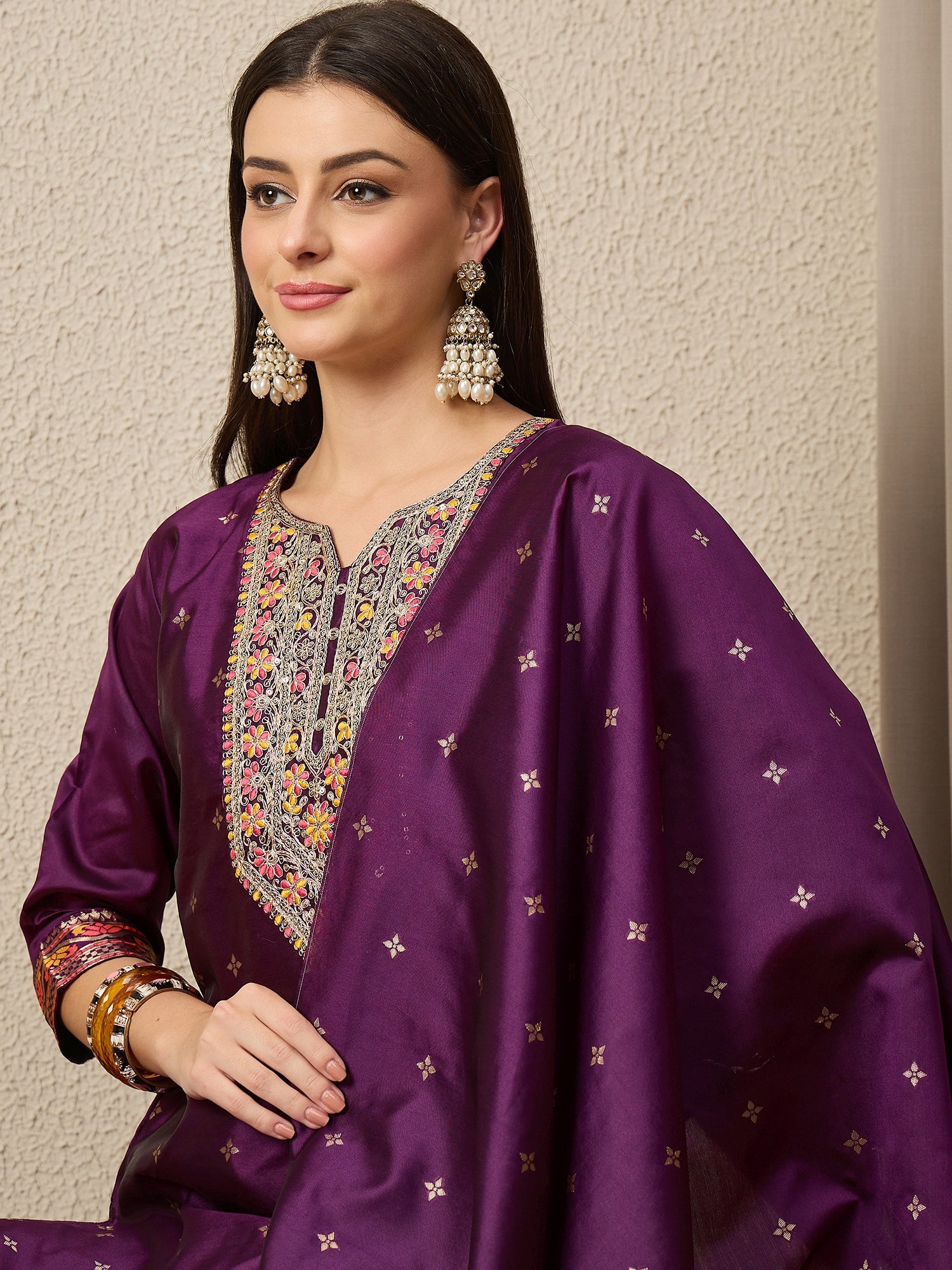 Kahani Women Purple Yoke Design Silk Blend Straight Suit With Dupatta