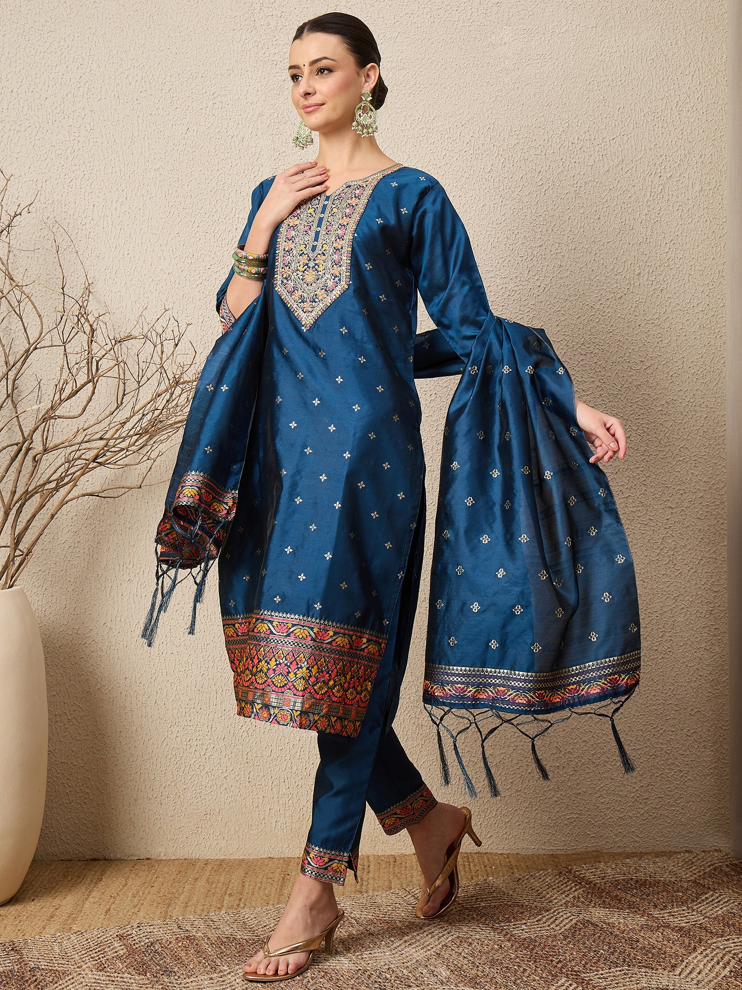 Kahani Women Teal Yoke Design Silk Blend Straight Suit With Dupatta