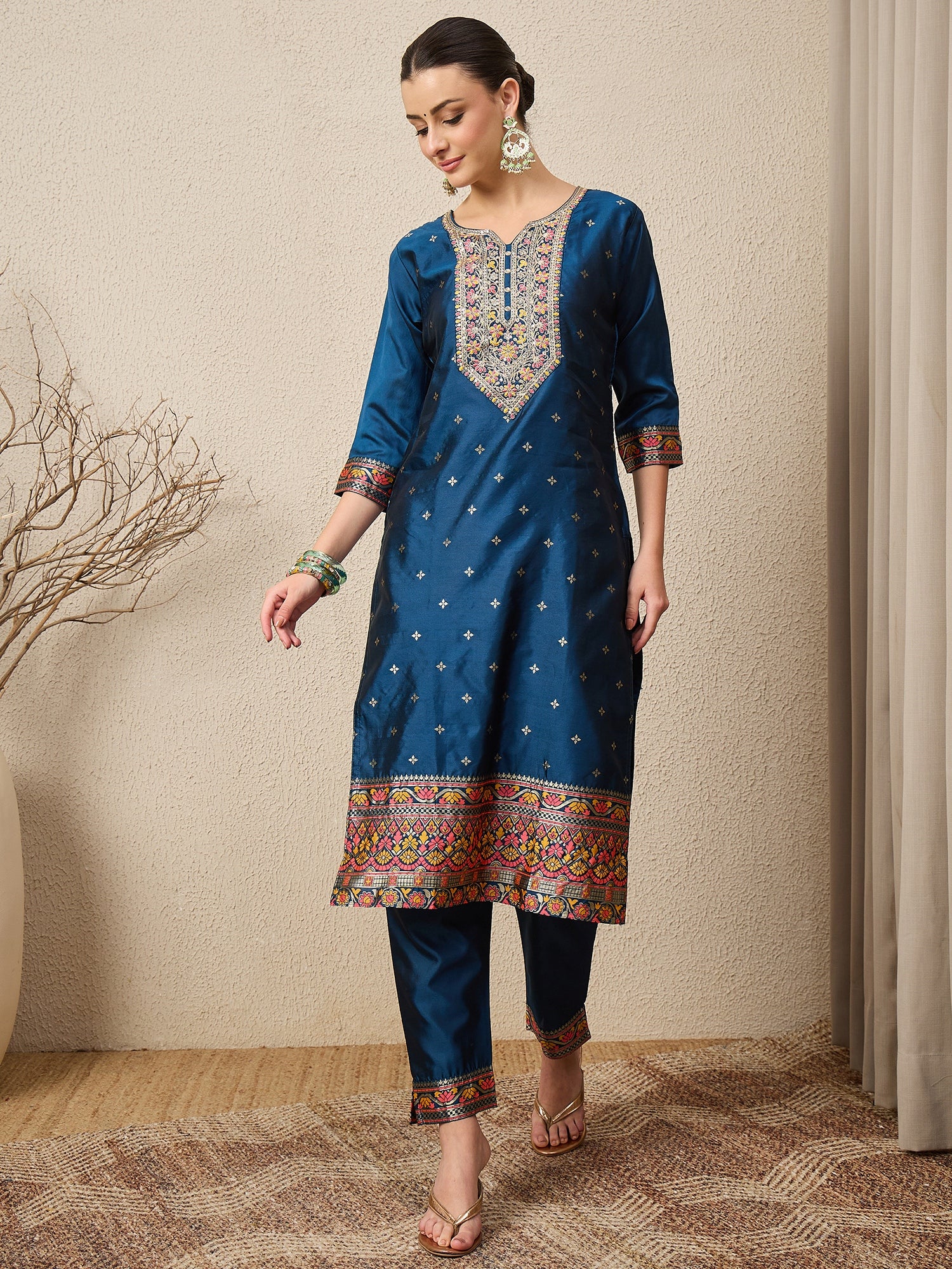 Kahani Women Teal Yoke Design Silk Blend Straight Suit With Dupatta