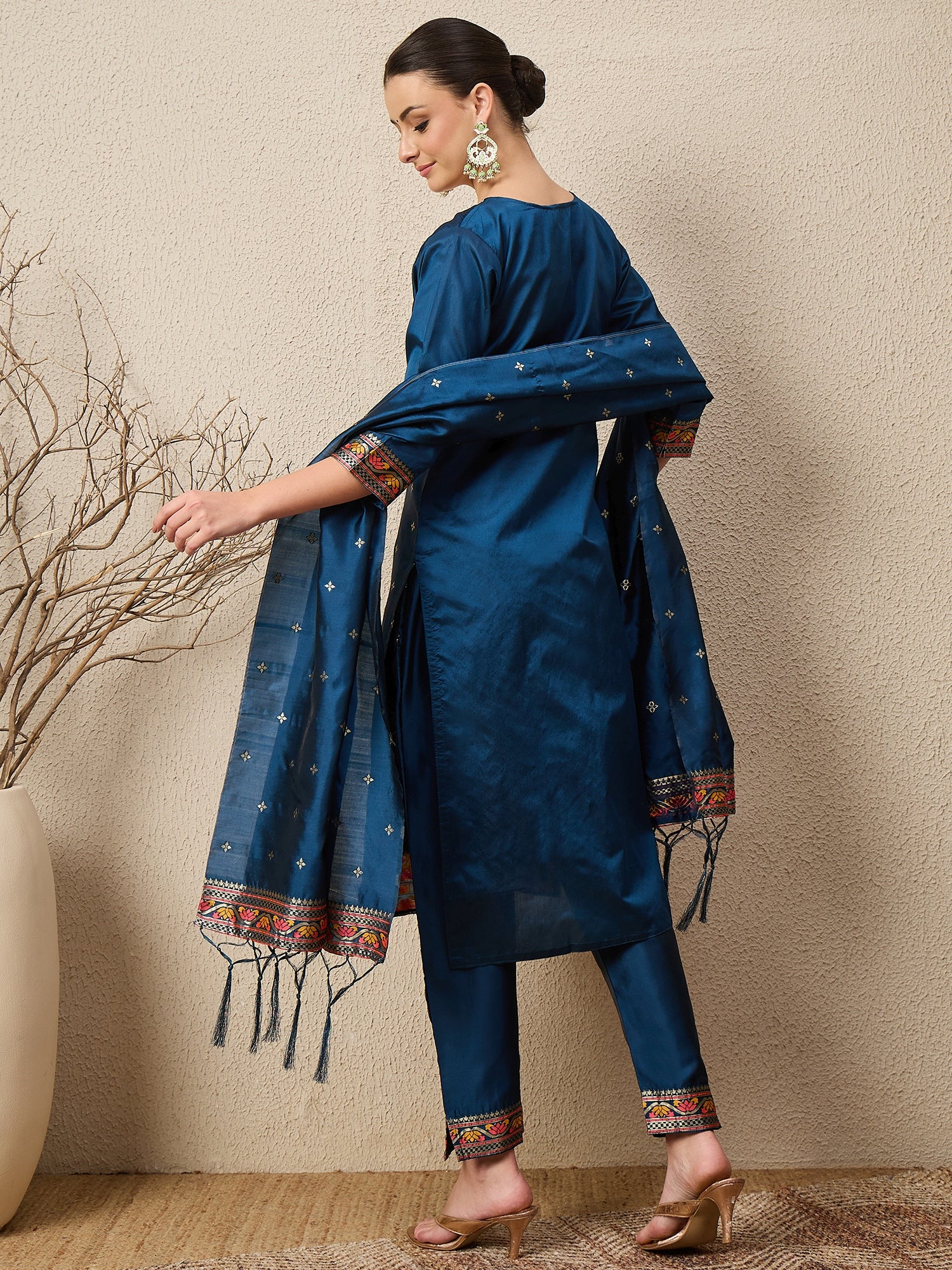 Kahani Women Teal Yoke Design Silk Blend Straight Suit With Dupatta