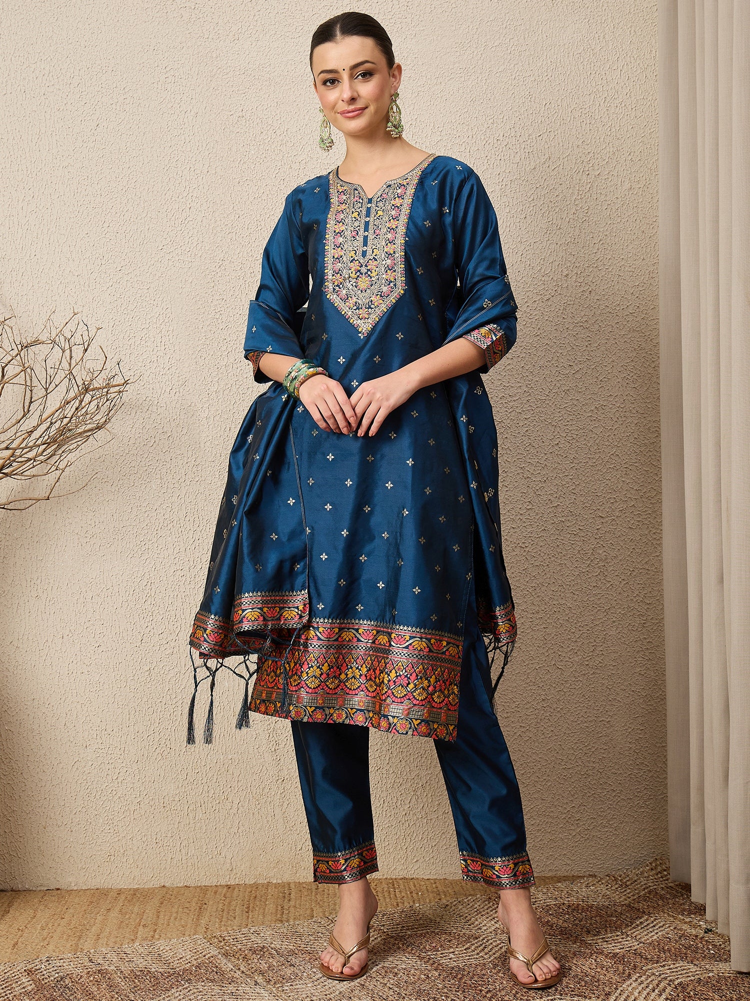 Kahani Women Teal Yoke Design Silk Blend Straight Suit With Dupatta