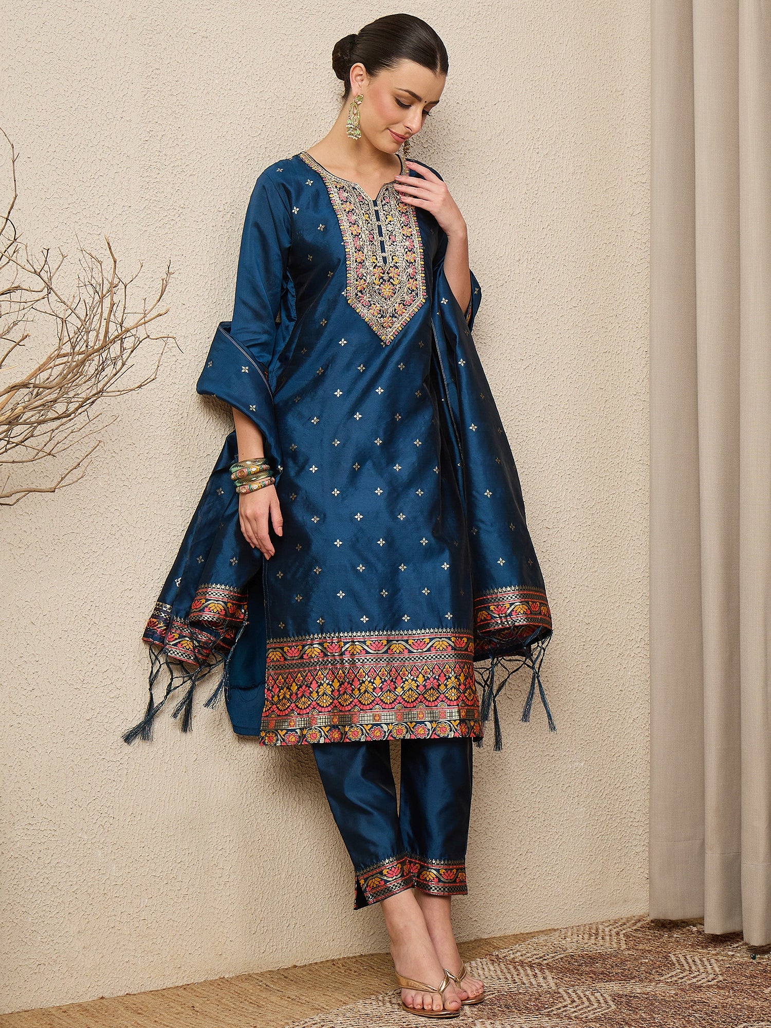 Kahani Women Teal Yoke Design Silk Blend Straight Suit With Dupatta