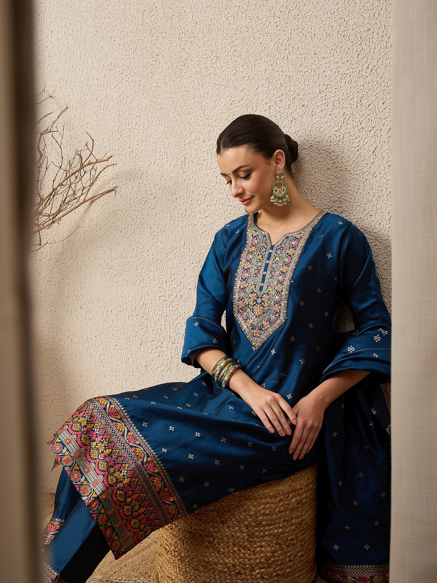Kahani Women Teal Yoke Design Silk Blend Straight Suit With Dupatta