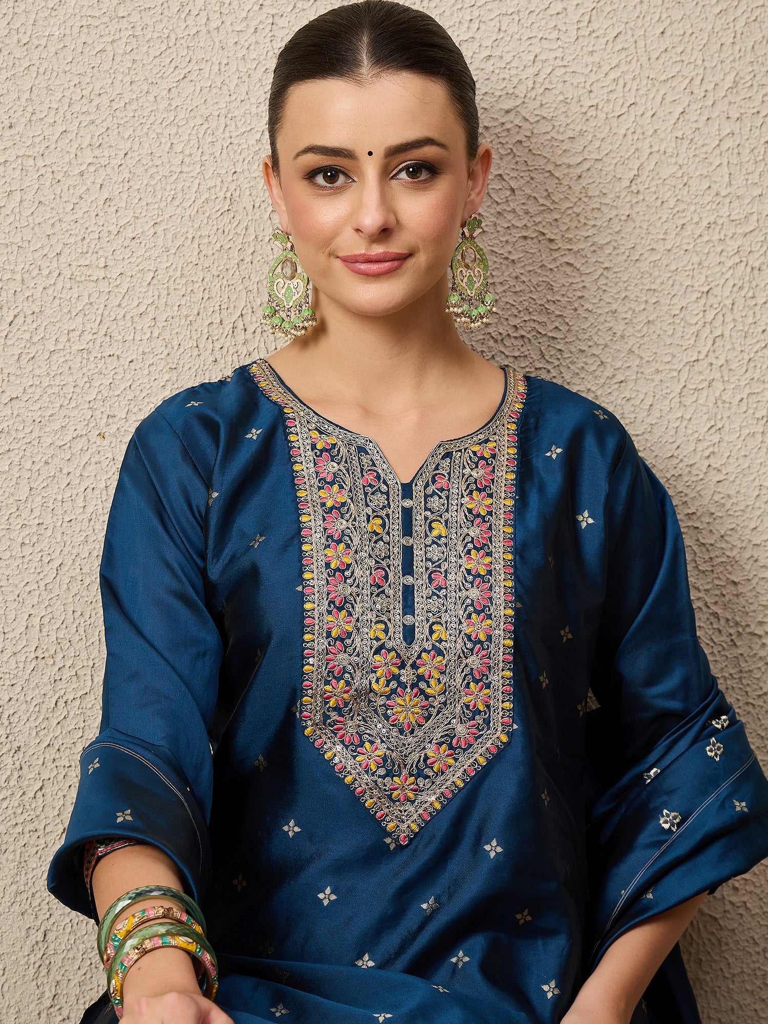 Kahani Women Teal Yoke Design Silk Blend Straight Suit With Dupatta
