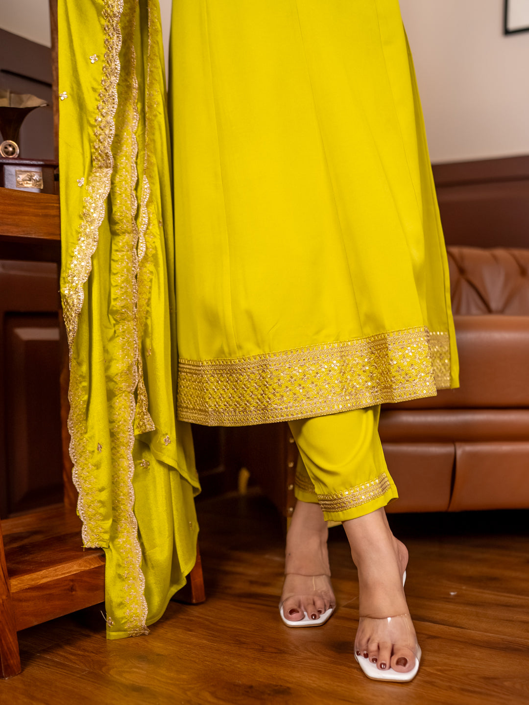 Navrangi Lemon Stylish Anarkali Kurta Set Ready to Wear Soft Silk Fabric with Embroidered Dupatta Tailored Fit