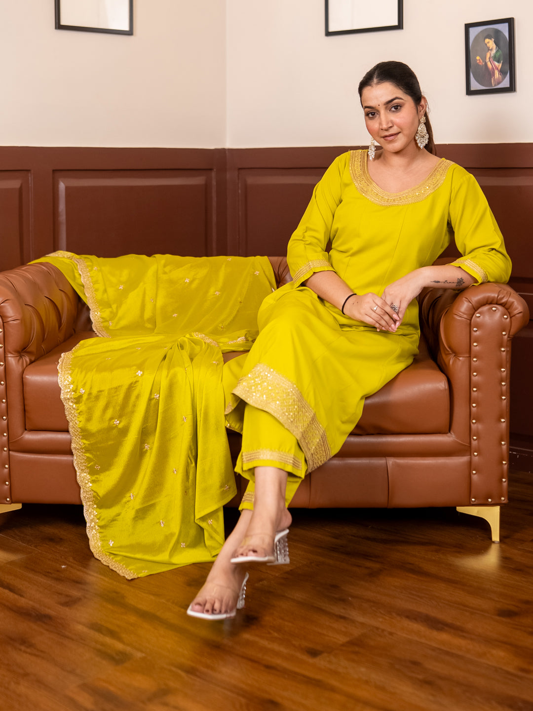 Navrangi Lemon Stylish Anarkali Kurta Set Ready to Wear Soft Silk Fabric with Embroidered Dupatta Tailored Fit