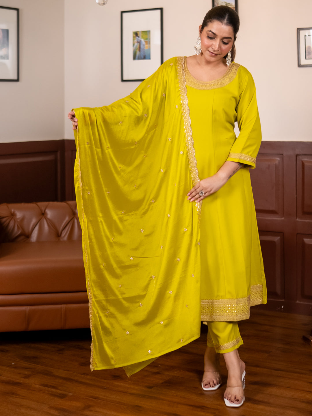 Navrangi Lemon Stylish Anarkali Kurta Set Ready to Wear Soft Silk Fabric with Embroidered Dupatta Tailored Fit