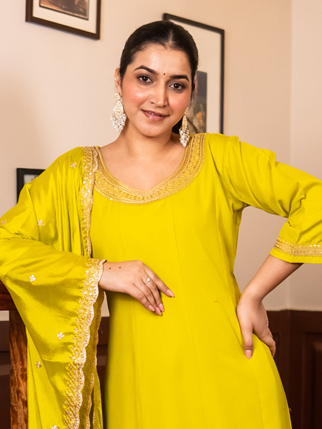 Navrangi Lemon Stylish Anarkali Kurta Set Ready to Wear Soft Silk Fabric with Embroidered Dupatta Tailored Fit