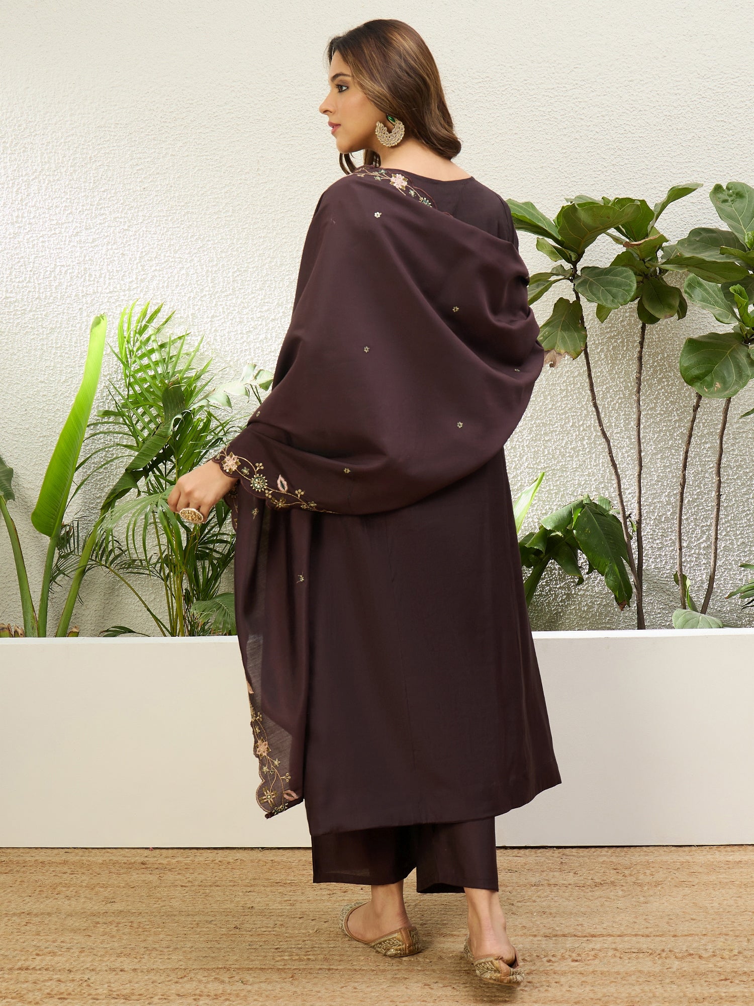 Coffee Brown Women Anarkali Kurta with Pant & Dupatta Suits, Festive Ethnic Set