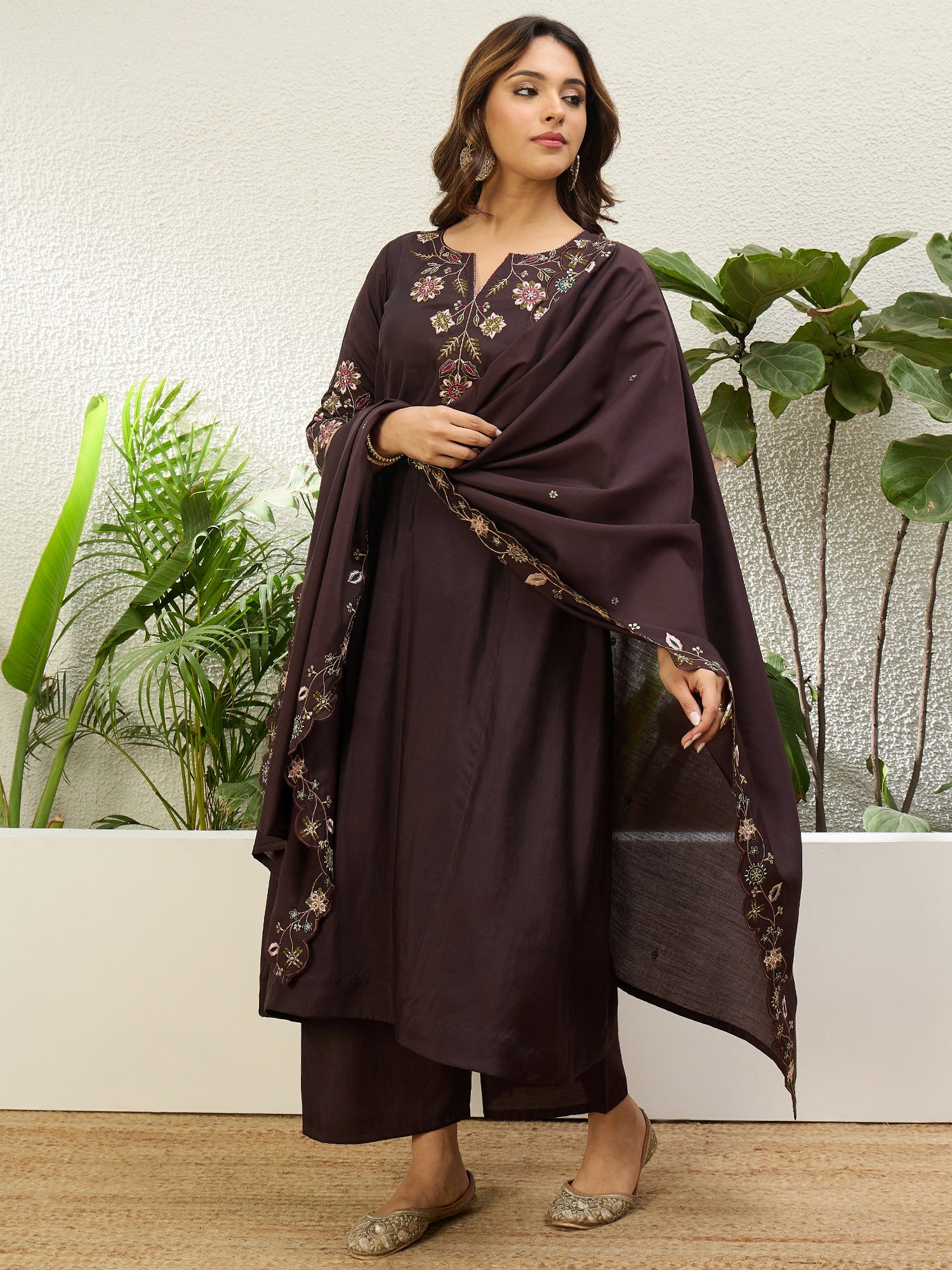 Pranjal Women's Coffee Brown Embroidered Yoke Design Straight Kurta Pant Set