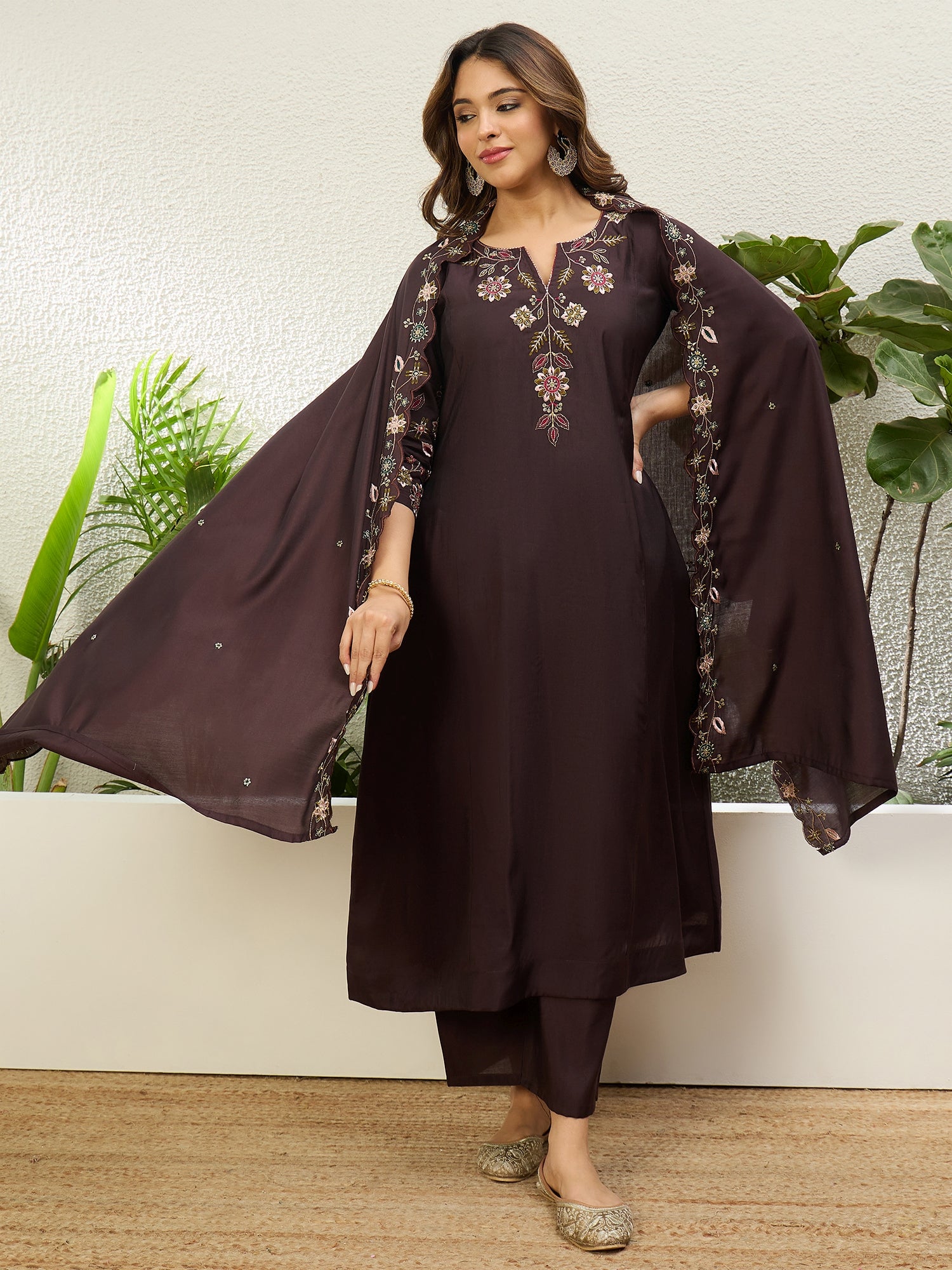 Coffee Brown Women Anarkali Kurta with Pant & Dupatta Suits, Festive Ethnic Set