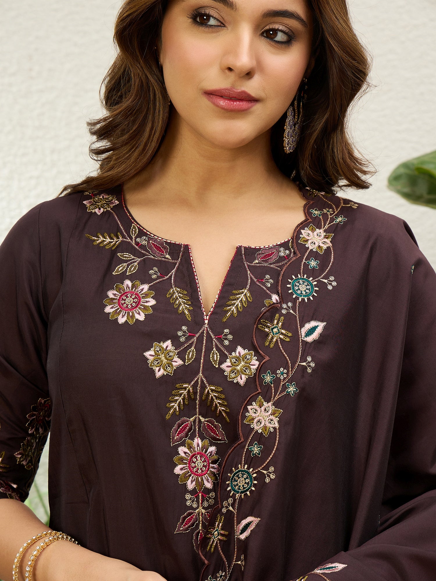 Coffee Brown Women Anarkali Kurta with Pant & Dupatta Suits, Festive Ethnic Set