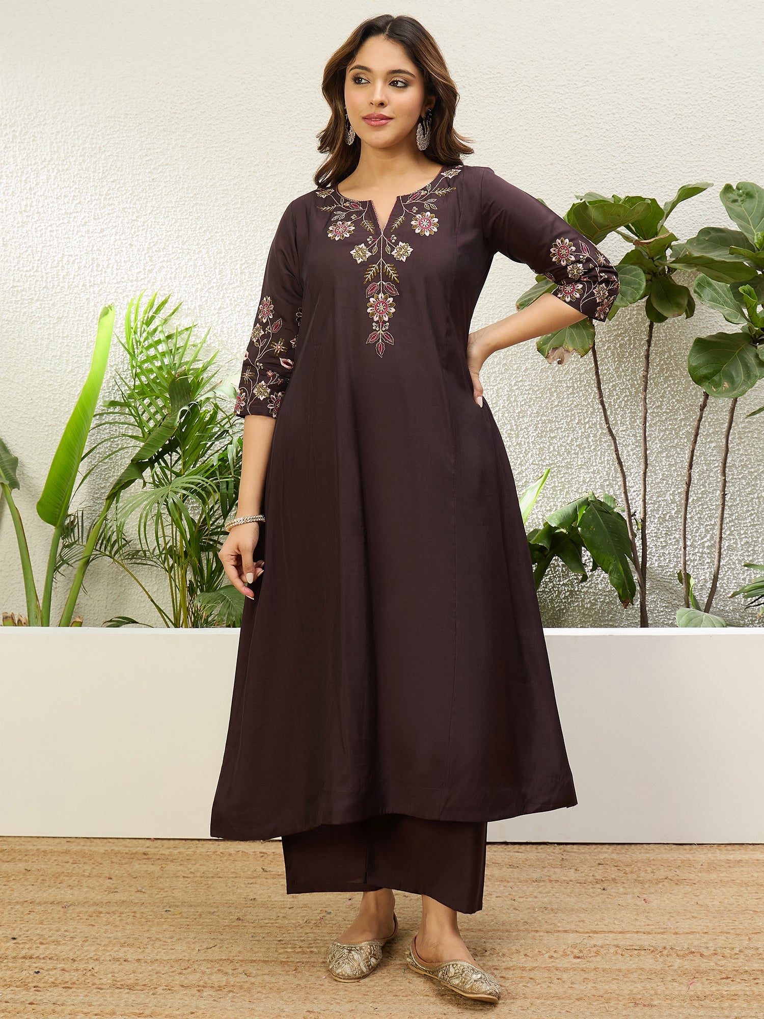 Pranjal Women's Coffee Brown Embroidered Yoke Design Straight Kurta Pant Set