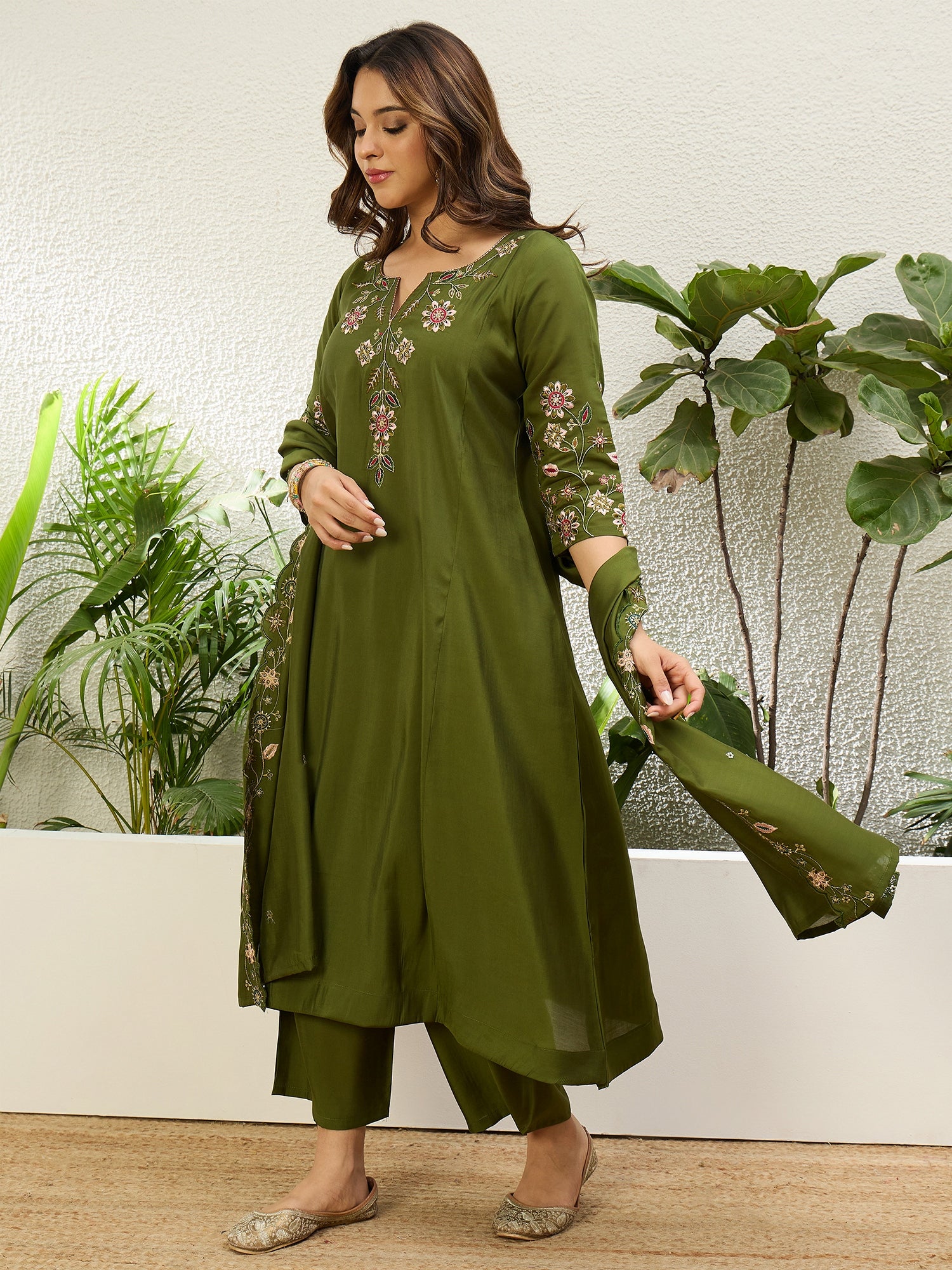 Mehendi Green Women Anarkali Kurta with Pant & Dupatta Suits, Festive Ethnic Set