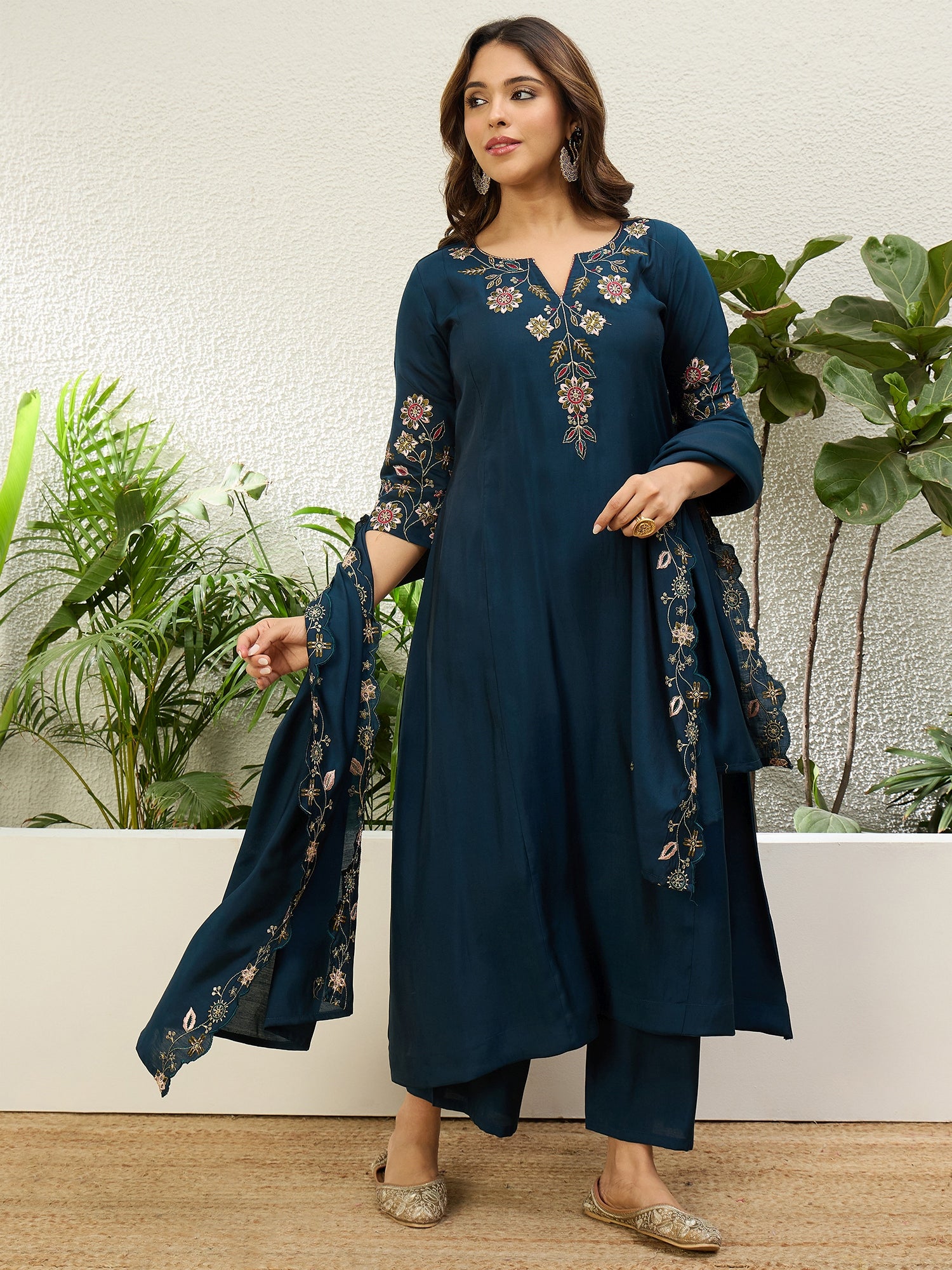Navy Blue Women Anarkali Kurta with Pant & Dupatta Suits, Festive Ethnic Set