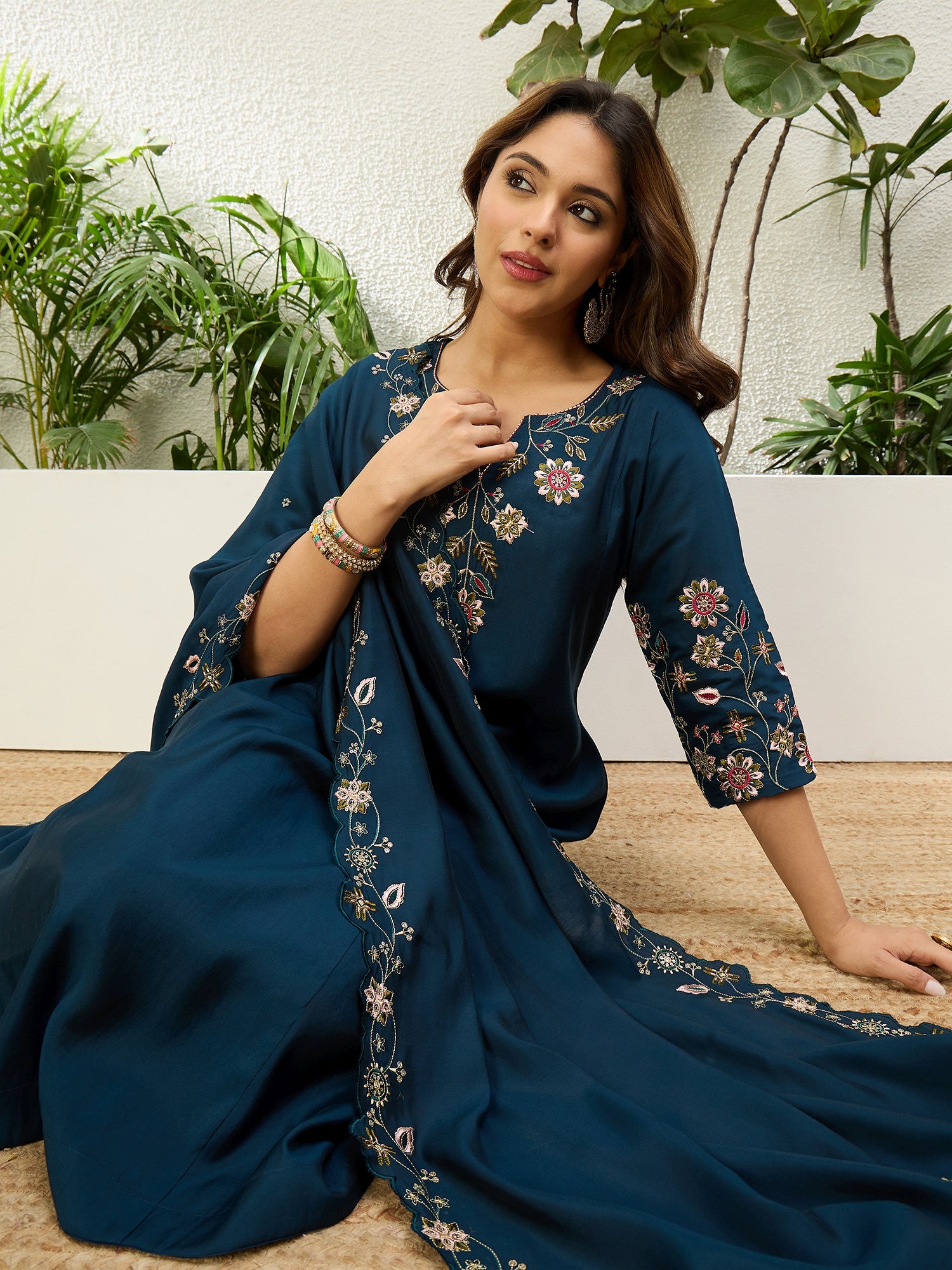 Charvi Women's Nevy Blue Embroidered Yoke Design Kurta Pant Set