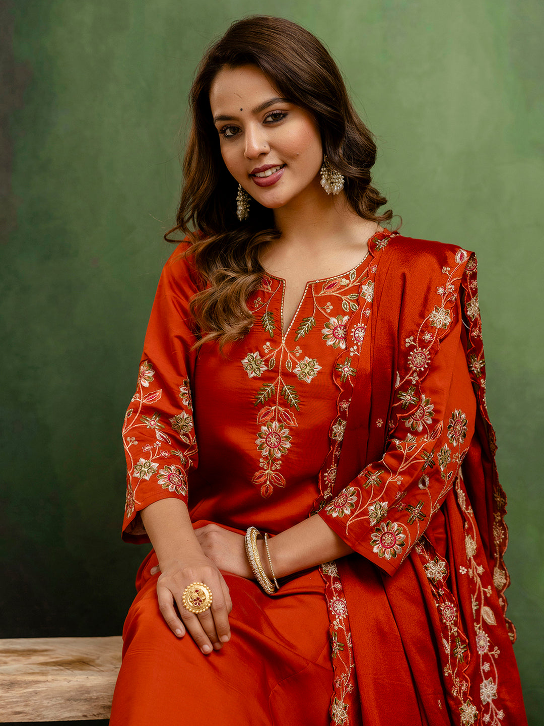 Rust Women Anarkali Kurta with Pant & Chinon Dupatta Suits, Festive Ethnic Set