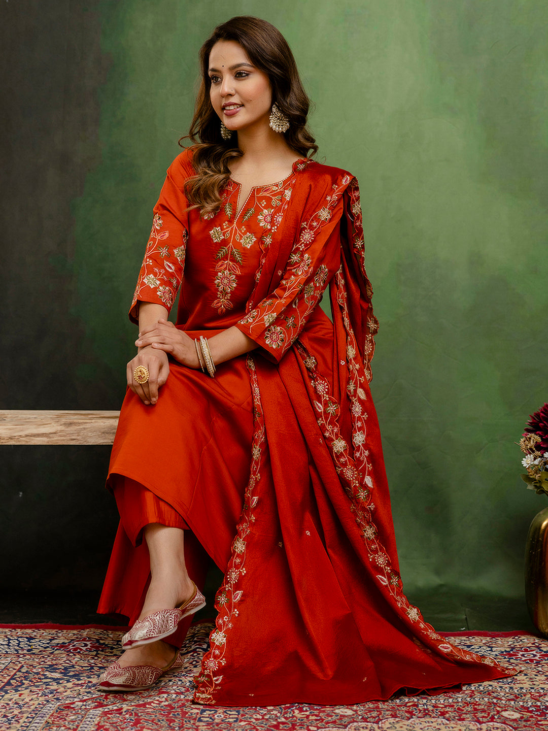 Rust Women Anarkali Kurta with Pant & Chinon Dupatta Suits, Festive Ethnic Set