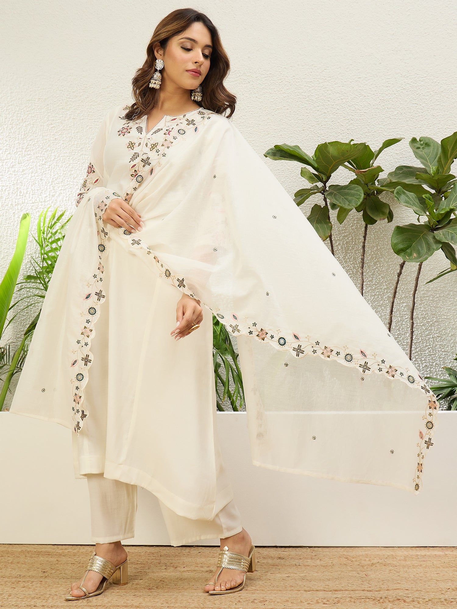 White Women Anarkali Kurta with Pant & Dupatta Suits, Festive Ethnic Set