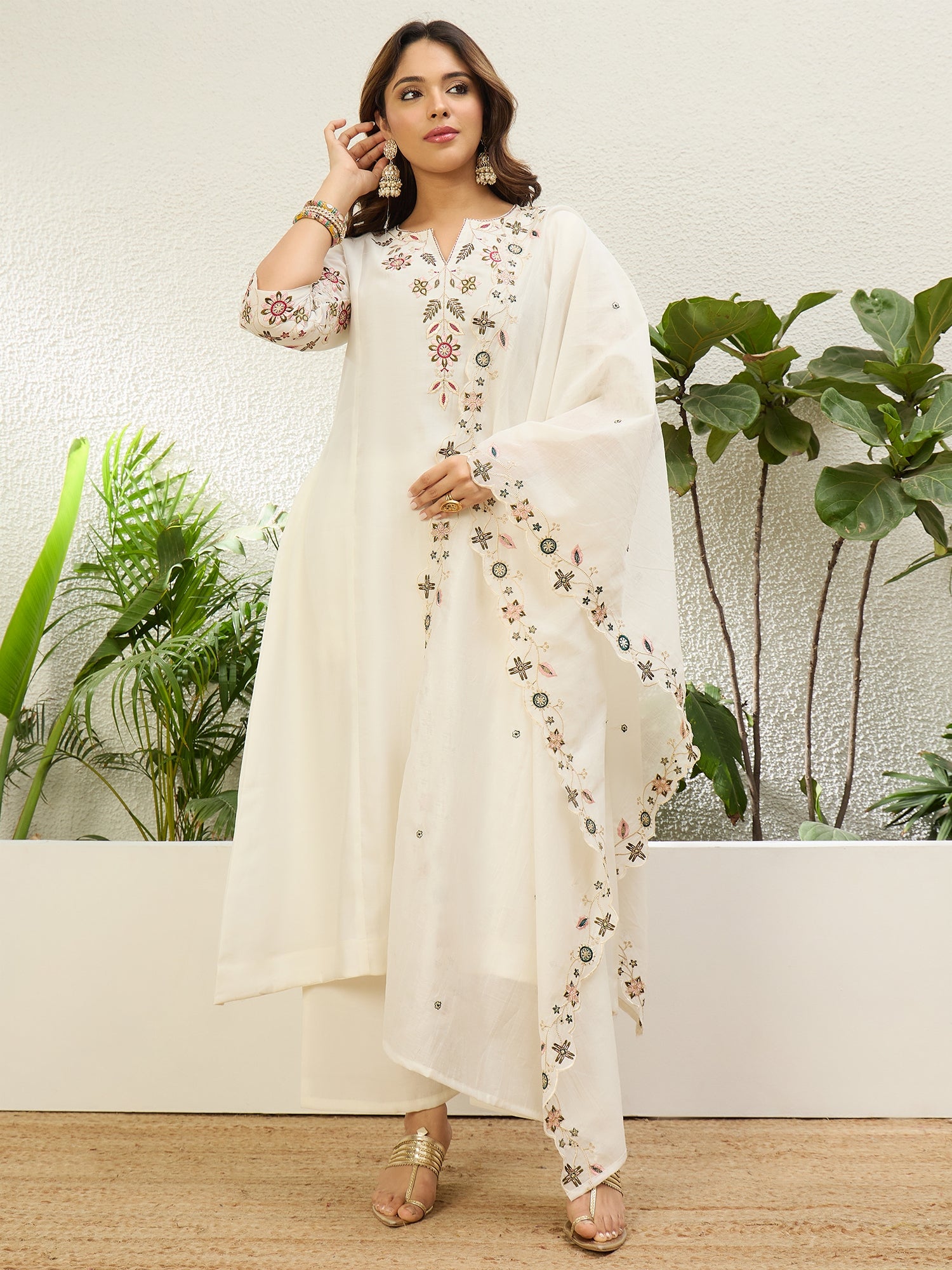 Riddhi Women's Cream Embroidered Yoke Straight Kurta Set with Scalloped Dupatta