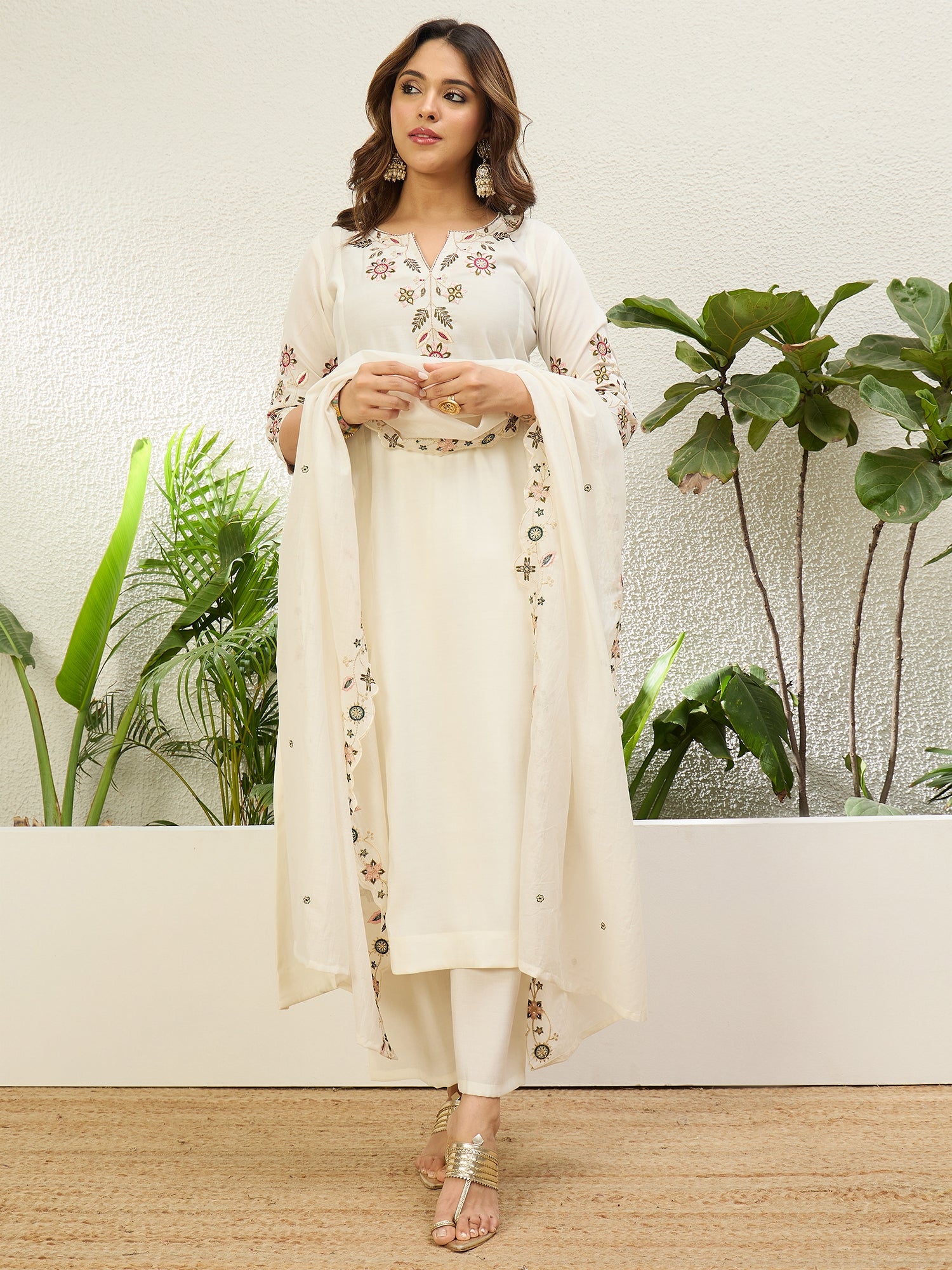 White Women Anarkali Kurta with Pant & Dupatta Suits, Festive Ethnic Set