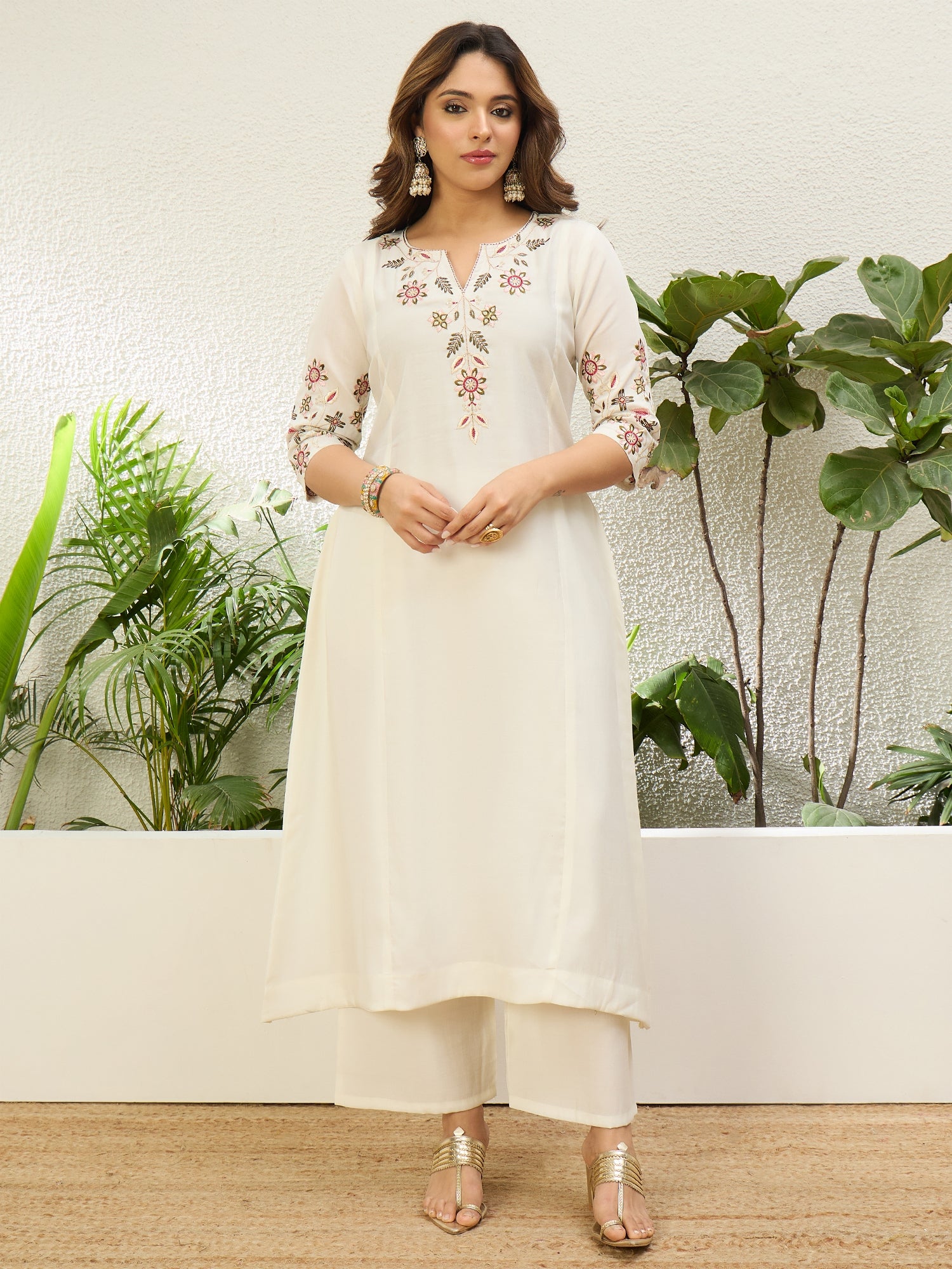 Riddhi Women's Cream Embroidered Yoke Straight Kurta Set with Scalloped Dupatta