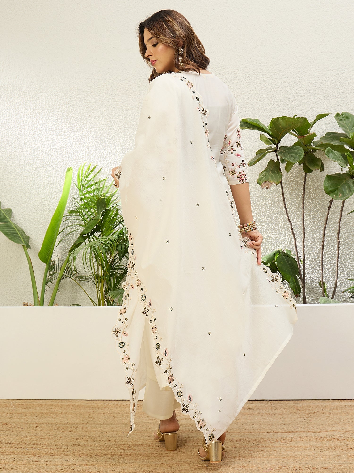 Riddhi Women's Cream Embroidered Yoke Straight Kurta Set with Scalloped Dupatta