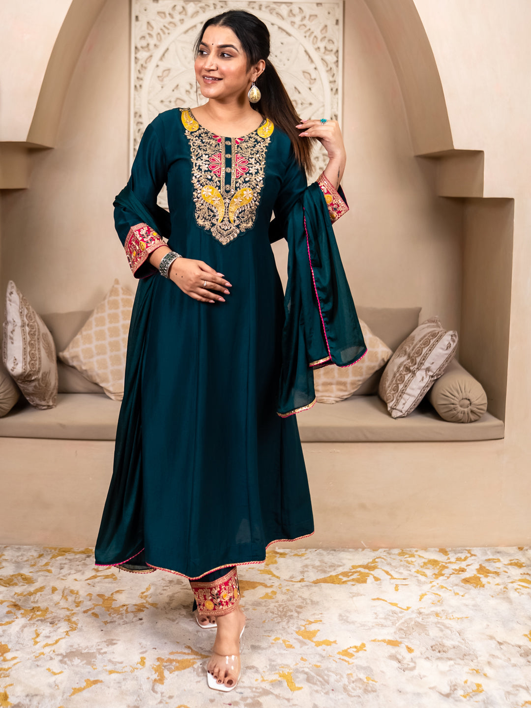 Kiyaraah Stylish Anarkali Kurta Set Ready to Wear Soft Silk Fabric with Embroidered Dupatta Tailored Fit