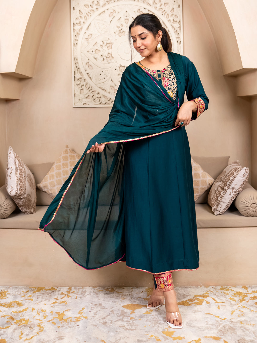 Kiyaraah Stylish Anarkali Kurta Set Ready to Wear Soft Silk Fabric with Embroidered Dupatta Tailored Fit