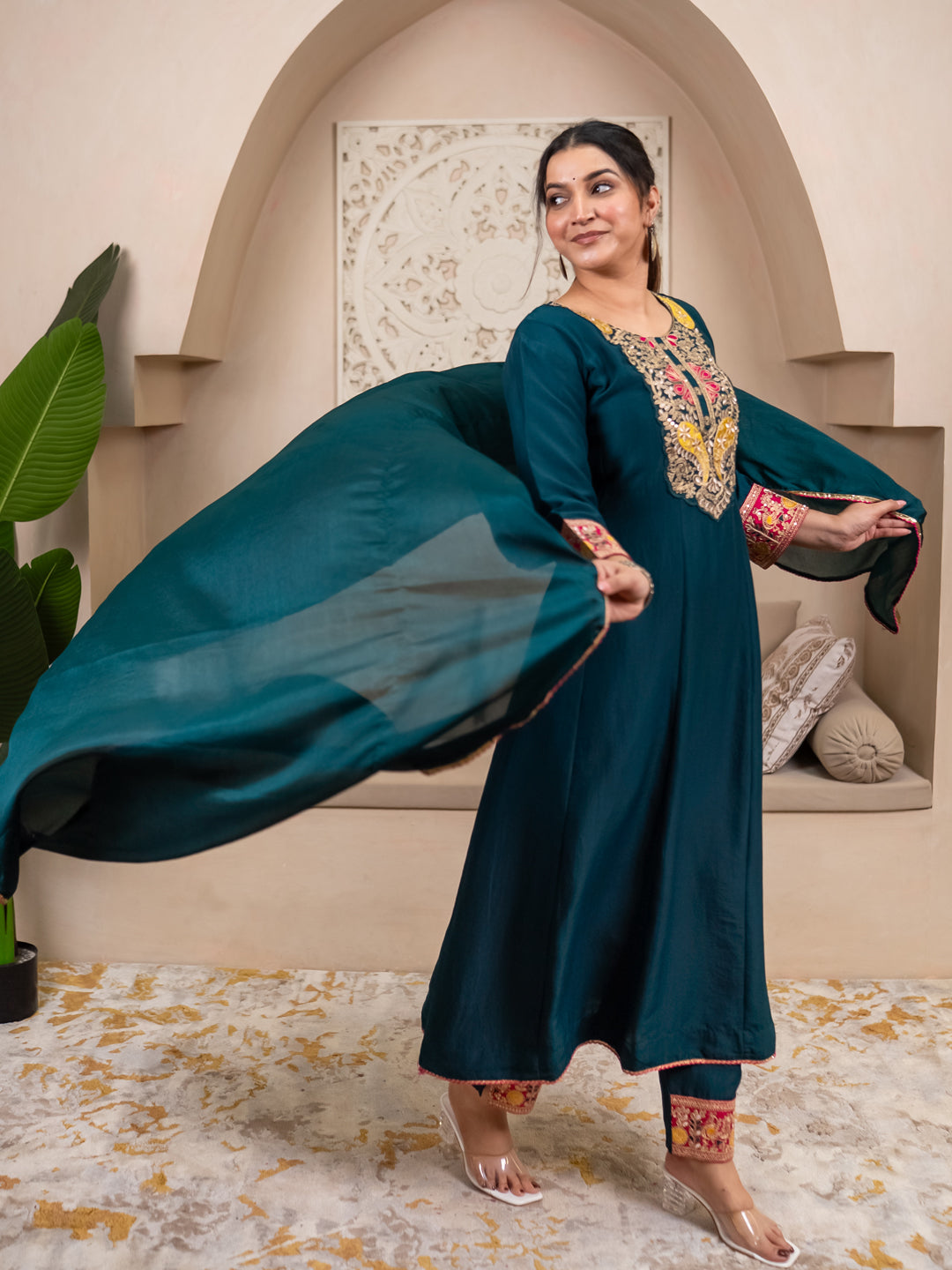 Kiyaraah Stylish Anarkali Kurta Set Ready to Wear Soft Silk Fabric with Embroidered Dupatta Tailored Fit