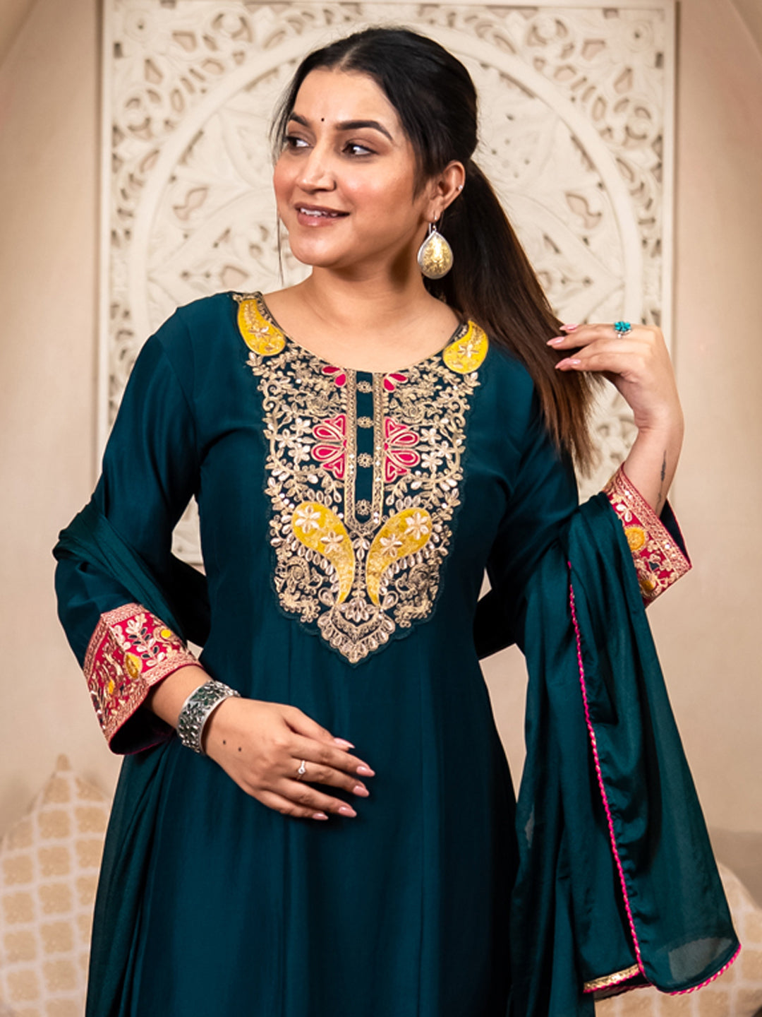 Kiyaraah Stylish Anarkali Kurta Set Ready to Wear Soft Silk Fabric with Embroidered Dupatta Tailored Fit