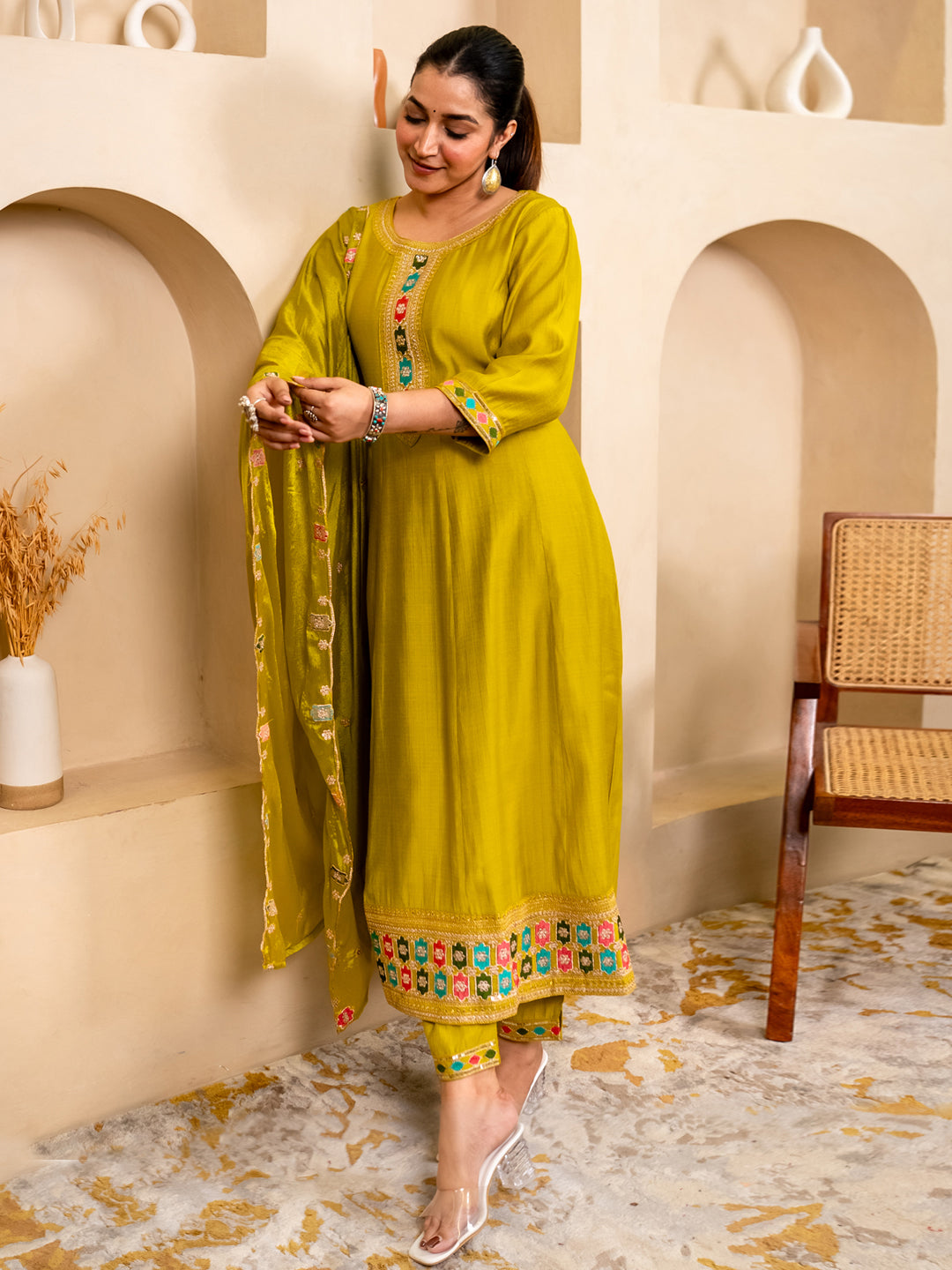 Kavisha Lemon Stylish Anarkali Kurta Set Ready to Wear Soft Silk Fabric with Embroidered Dupatta Tailored Fit