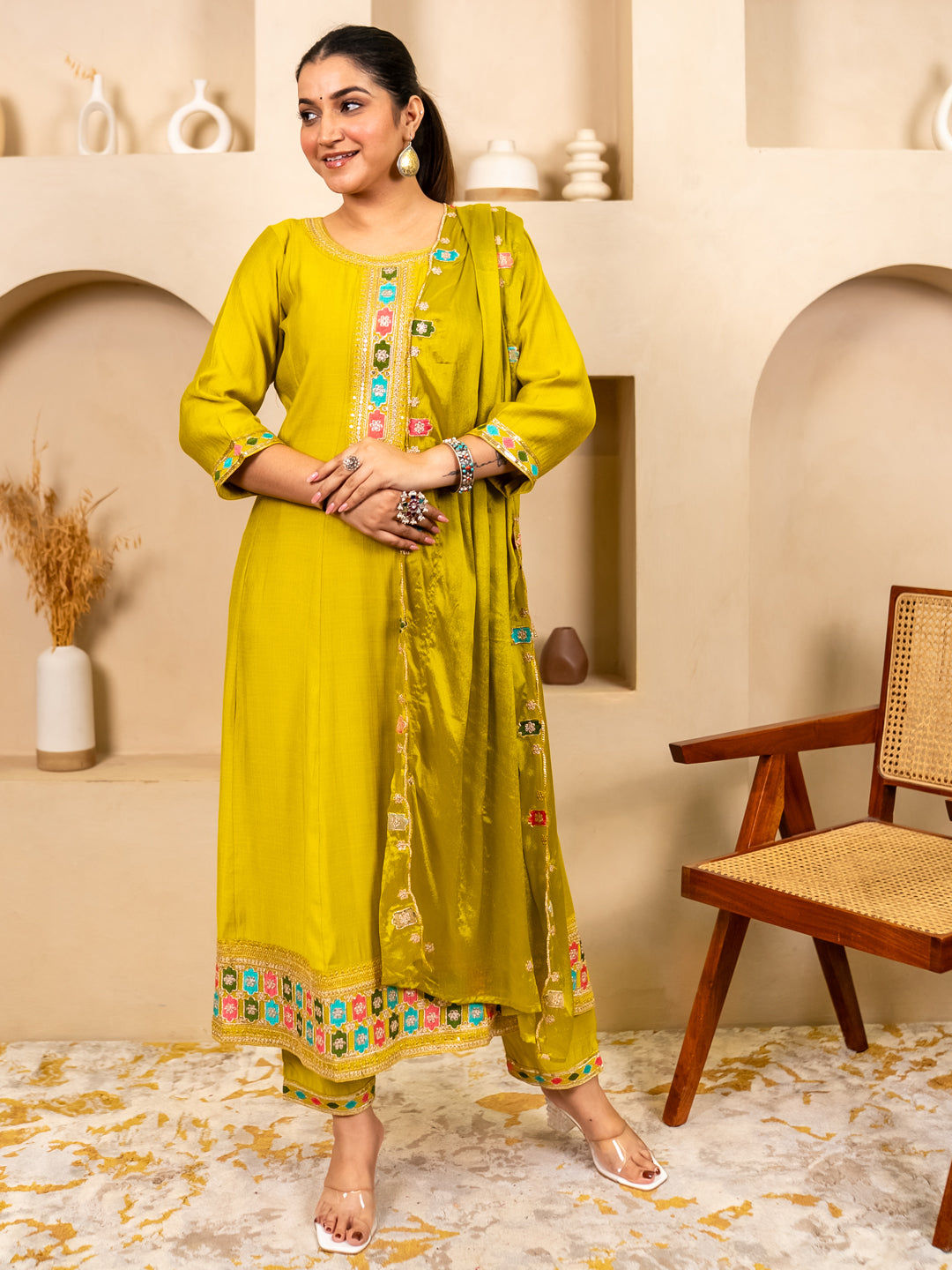 Kavisha Lemon Stylish Anarkali Kurta Set Ready to Wear Soft Silk Fabric with Embroidered Dupatta Tailored Fit