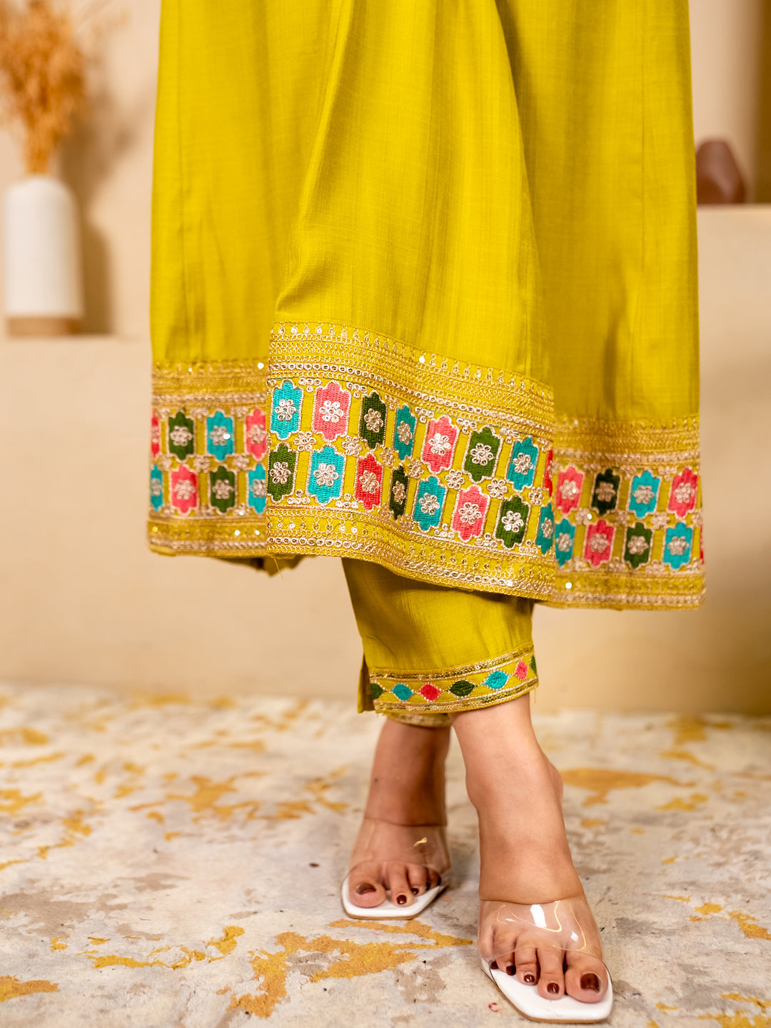 Kavisha Lemon Stylish Anarkali Kurta Set Ready to Wear Soft Silk Fabric with Embroidered Dupatta Tailored Fit