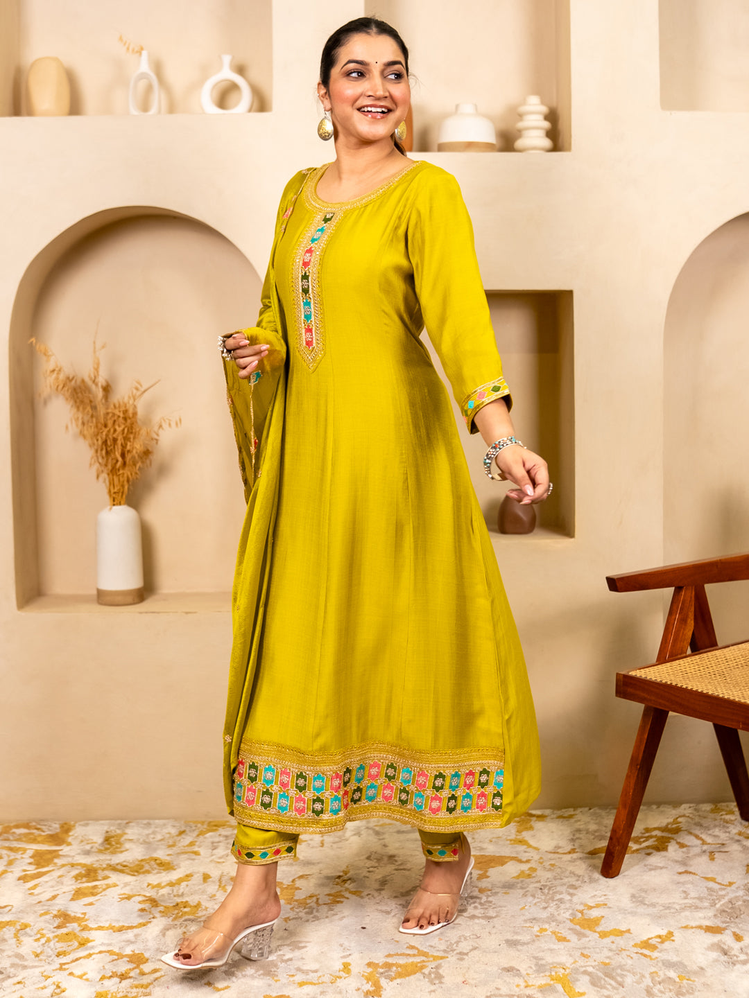 Kavisha Lemon Stylish Anarkali Kurta Set Ready to Wear Soft Silk Fabric with Embroidered Dupatta Tailored Fit
