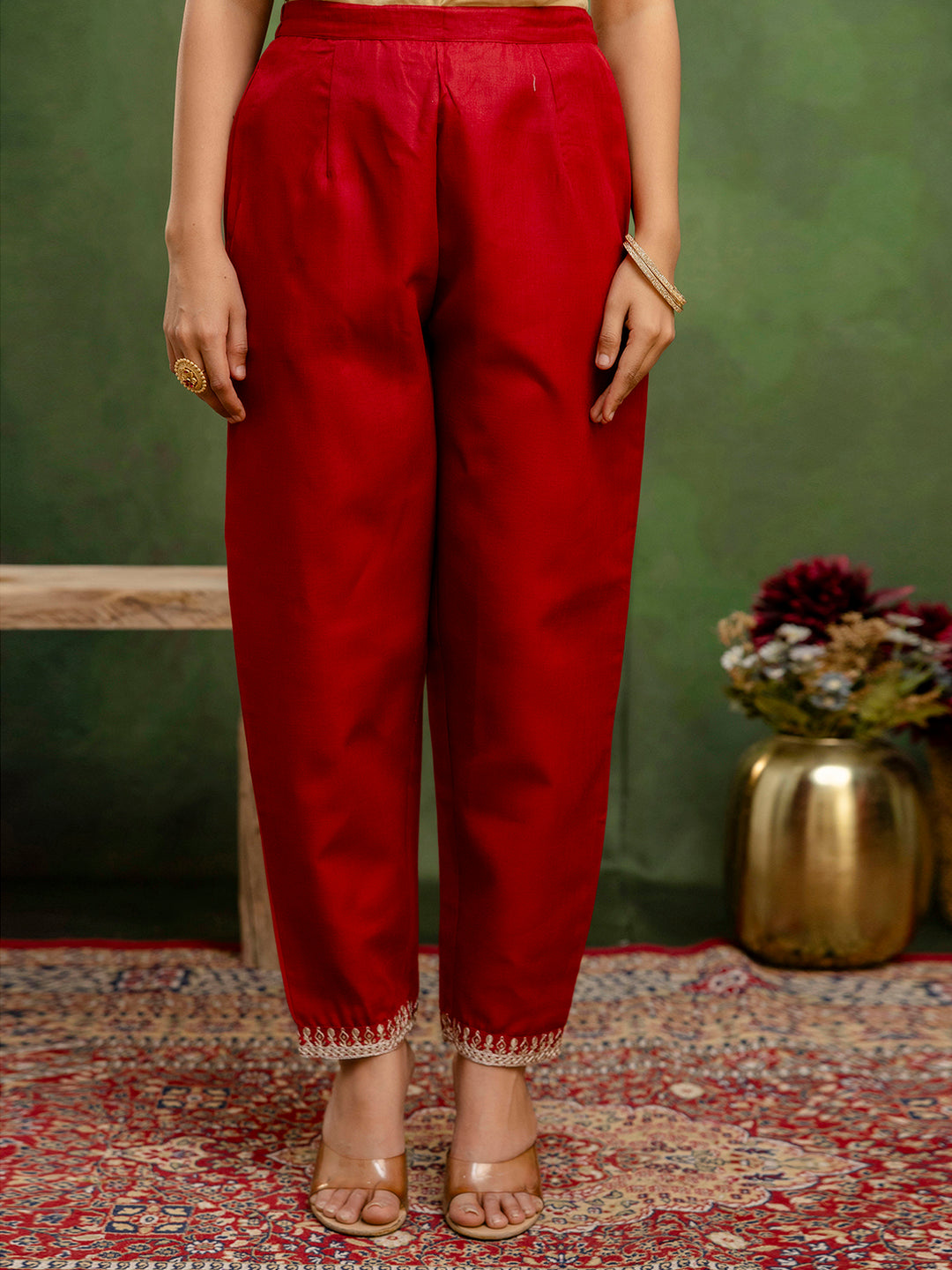 Nitya Maroon Women Kurta and Trousers Pant Sets Cotton Blend
