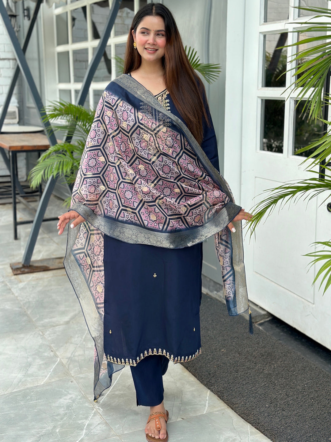 Neena Blue Embroidered Women Kurta Sets With Dupatta Straight Suits