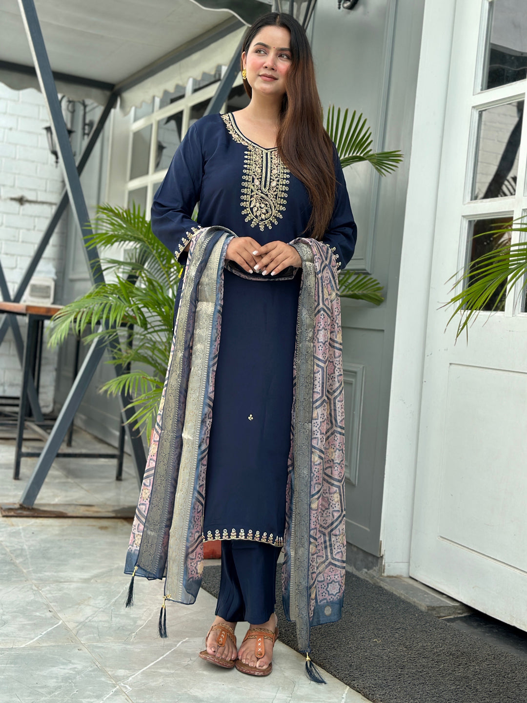 Neena Blue Embroidered Women Kurta Sets With Dupatta Straight Suits