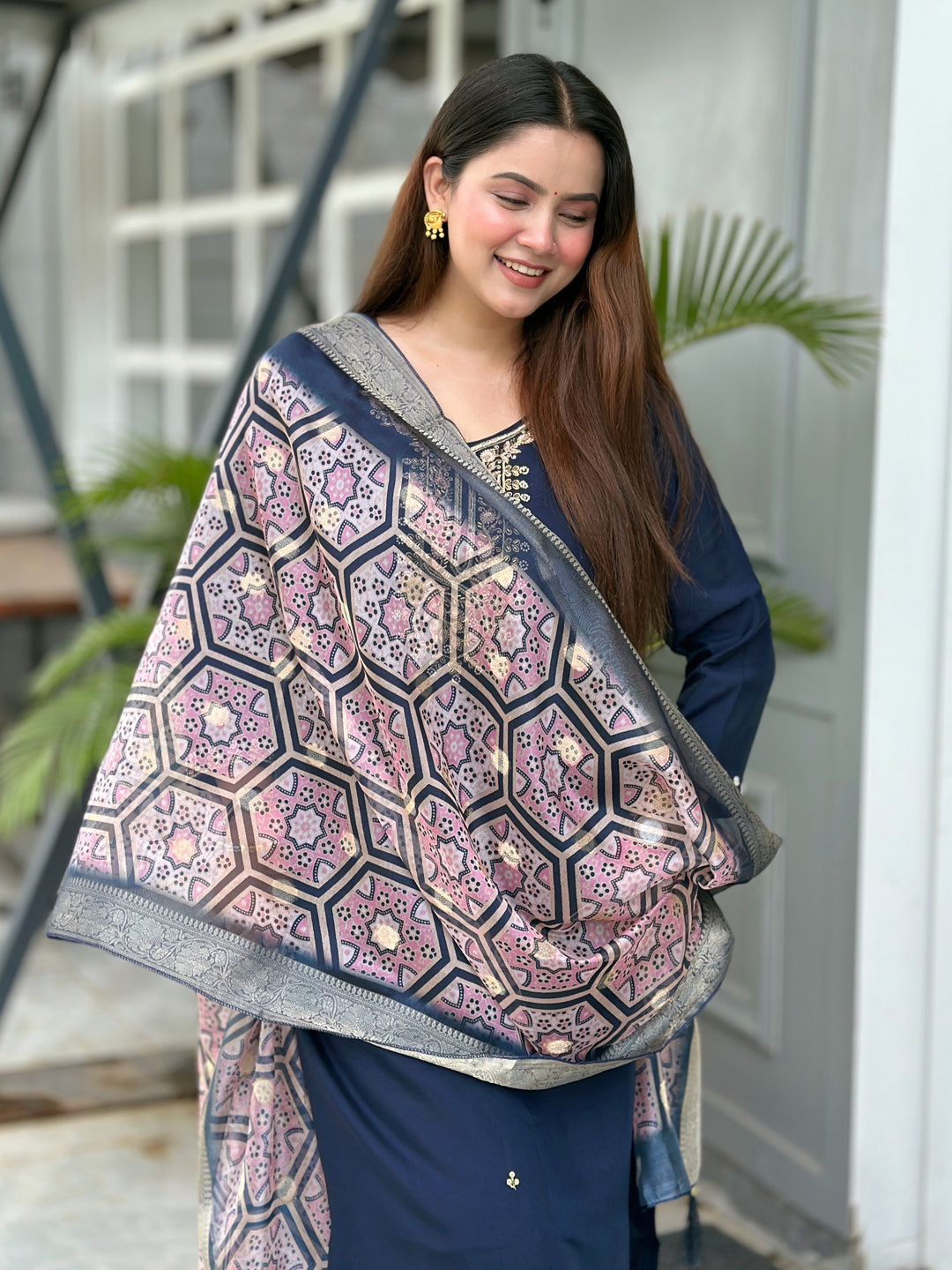 Neena Blue Embroidered Women Kurta Sets With Dupatta Straight Suits