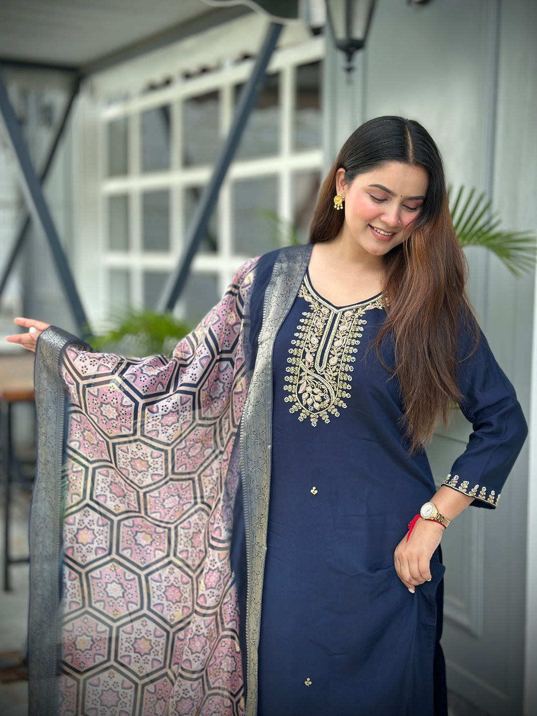 Neena Blue Embroidered Women Kurta Sets With Dupatta Straight Suits