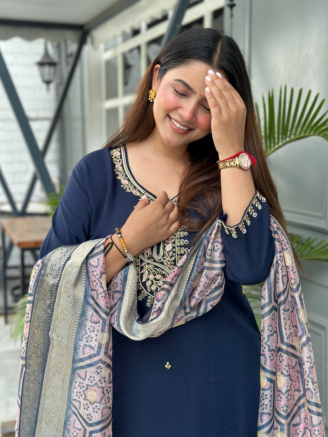 Neena Blue Embroidered Women Kurta Sets With Dupatta Straight Suits