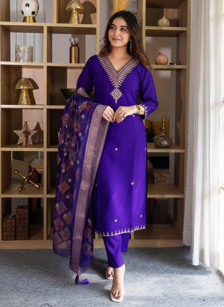 Apeksha Elegant Silk Blend Kurta Set with Beaded Embroidered Design & Organza Dupatta