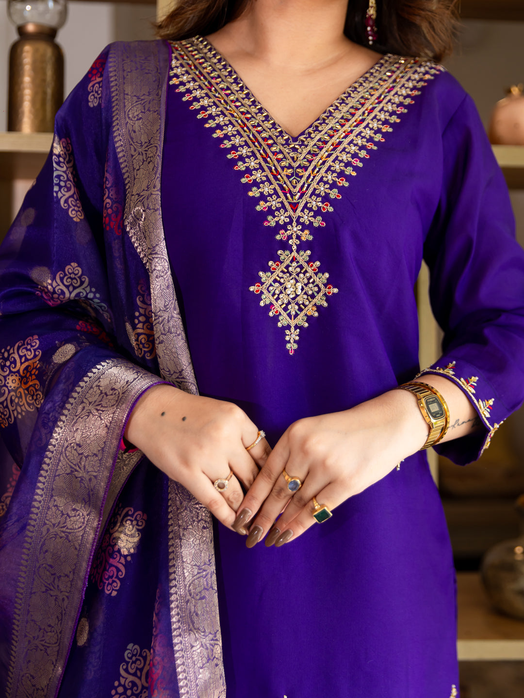 Lavanya Elegant Silk Blend Kurta Set with Beaded Embroidered Design & Organza Dupatta