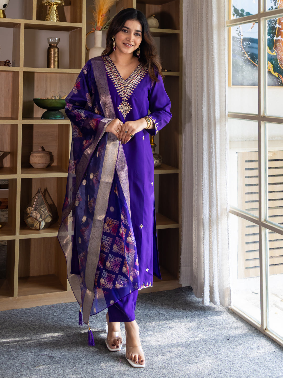 Lavanya Elegant Silk Blend Kurta Set with Beaded Embroidered Design & Organza Dupatta