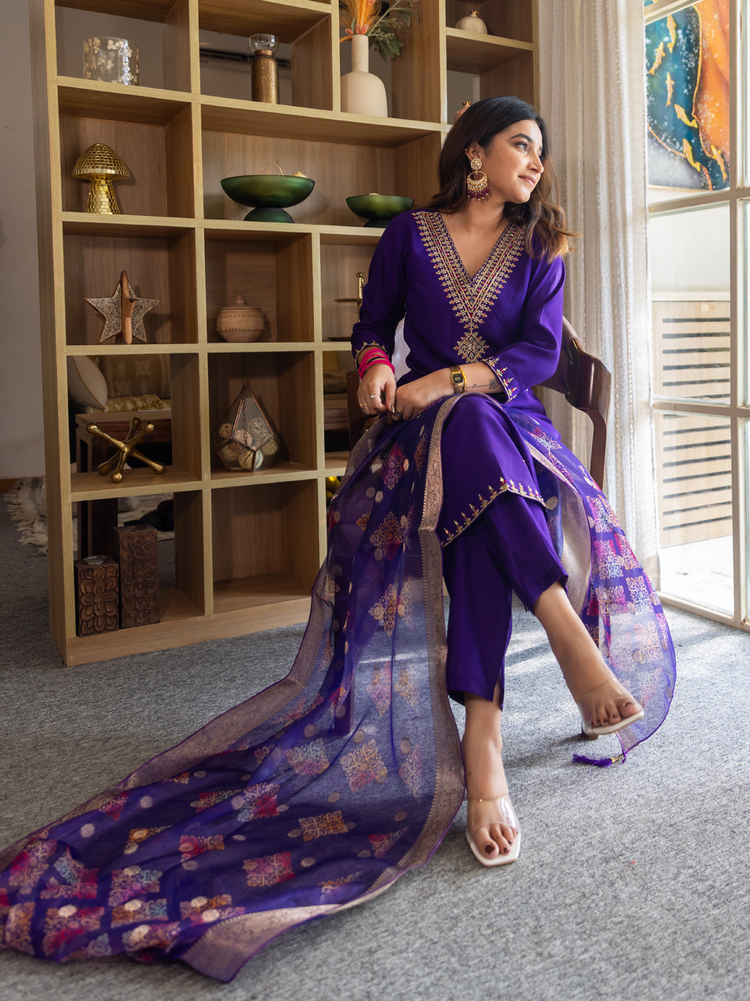 Lavanya Elegant Silk Blend Kurta Set with Beaded Embroidered Design & Organza Dupatta