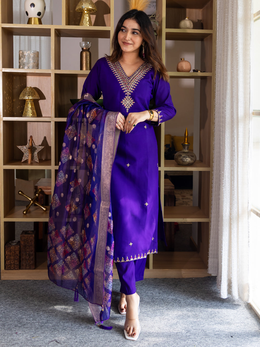 Lavanya Elegant Silk Blend Kurta Set with Beaded Embroidered Design & Organza Dupatta