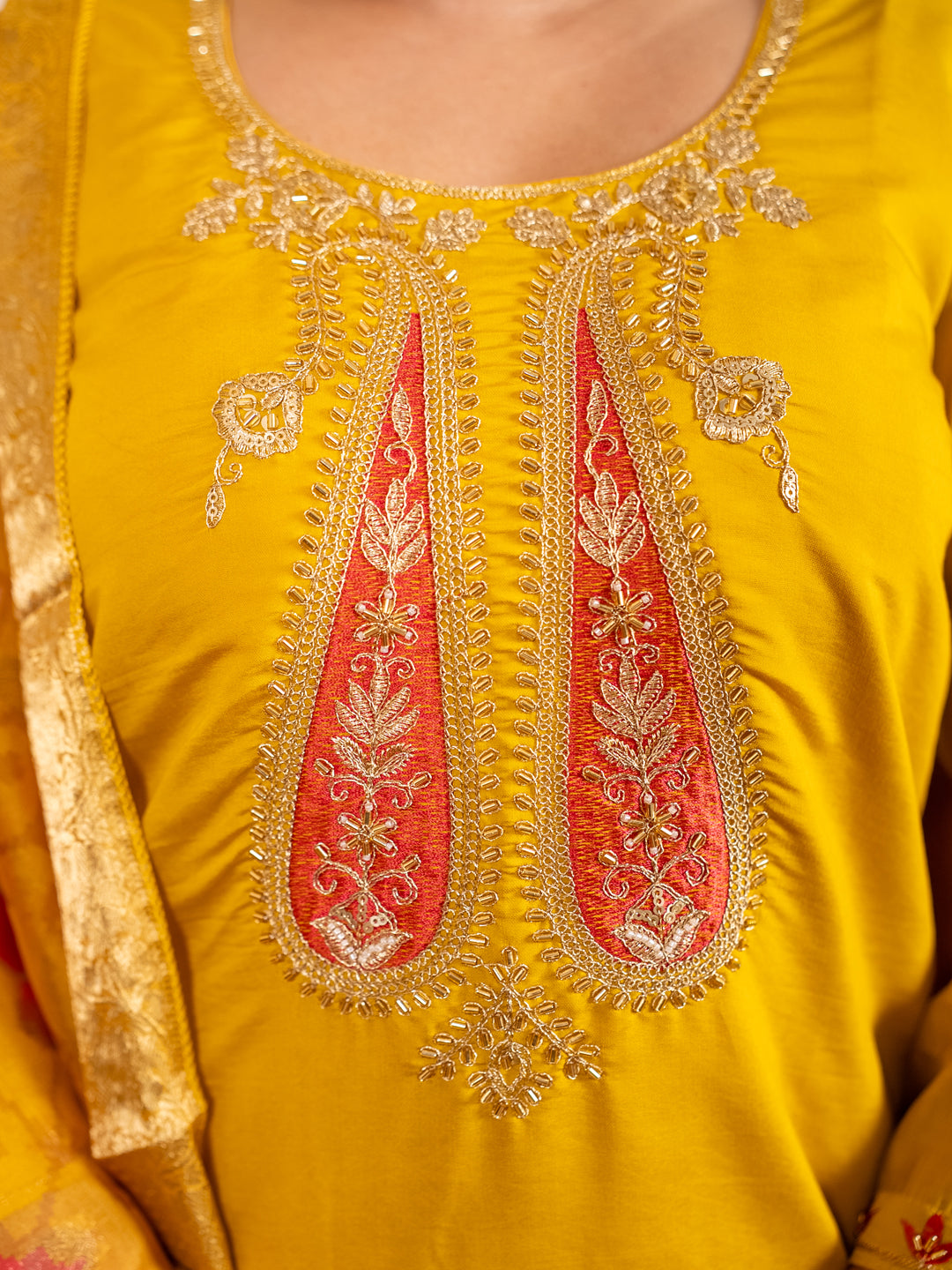 Lavanya Yellow Silk Blend Kurta Set with Beaded Embroidered Design & Organza Dupatta